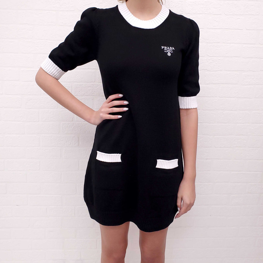 PRADA COTTON KNIT MINI DRESS WITH LOGO - SIZE 40
