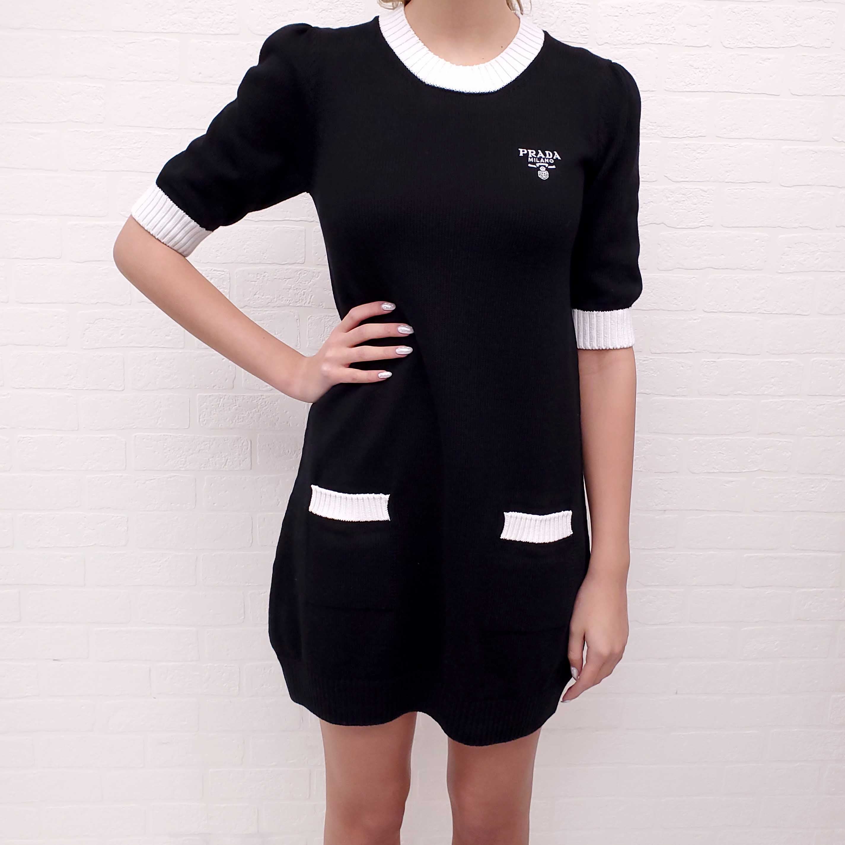 PRADA COTTON KNIT MINI DRESS WITH LOGO - SIZE 40