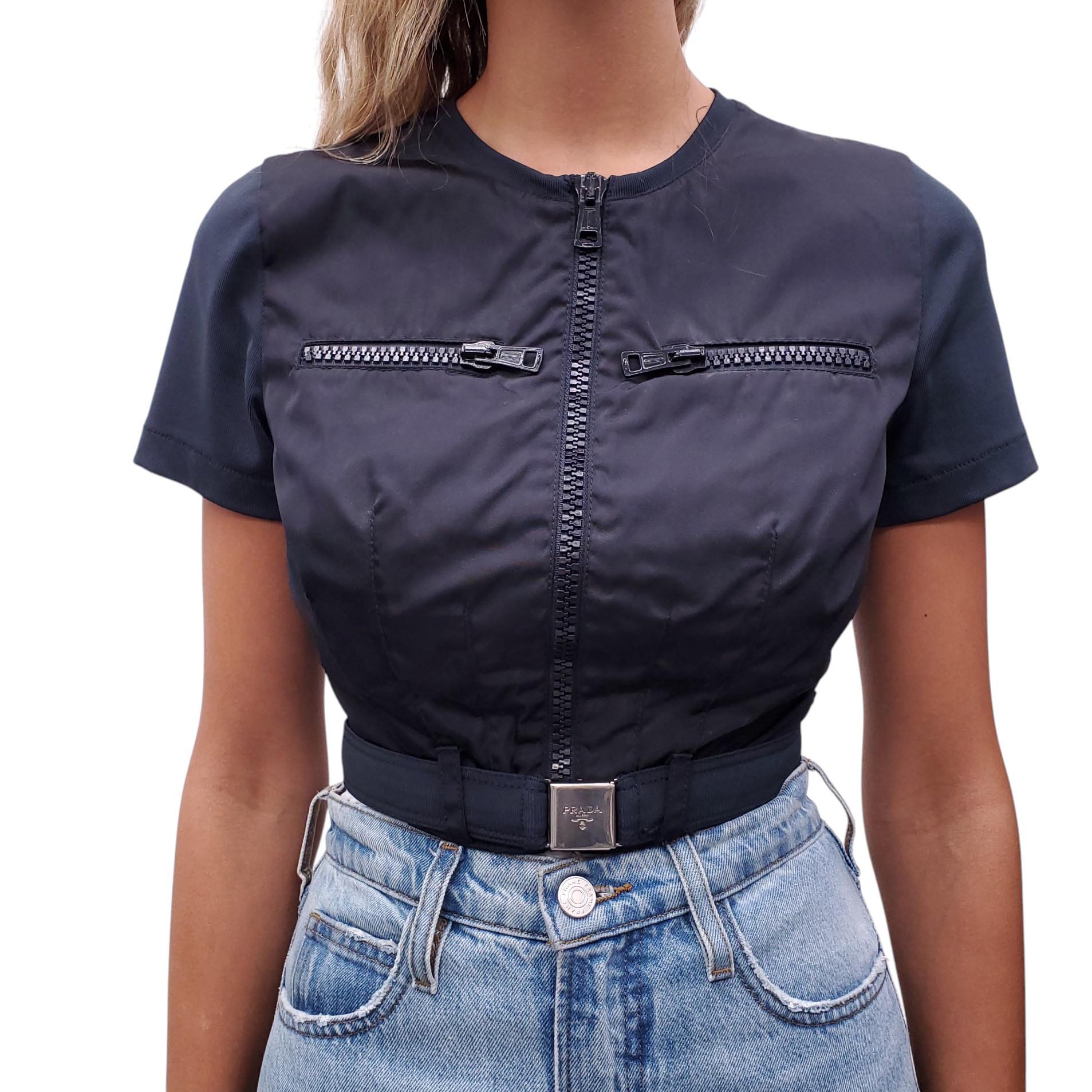 PRADA CROPPED JACKET WITH LOGO BELT - SIZE M