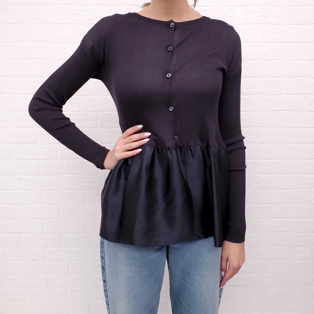 PRADA DARK GREY RIBBED SWEATER WITH PEPLUM DETAIL - SIZE 44