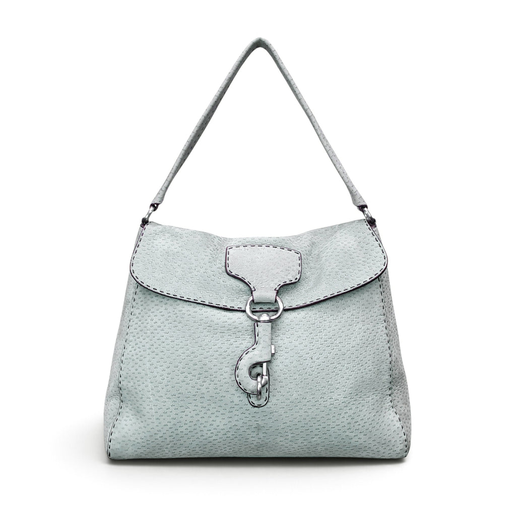 PRADA ENAMELED METAL TRIANGLE SUEDE SHOULDER BAG