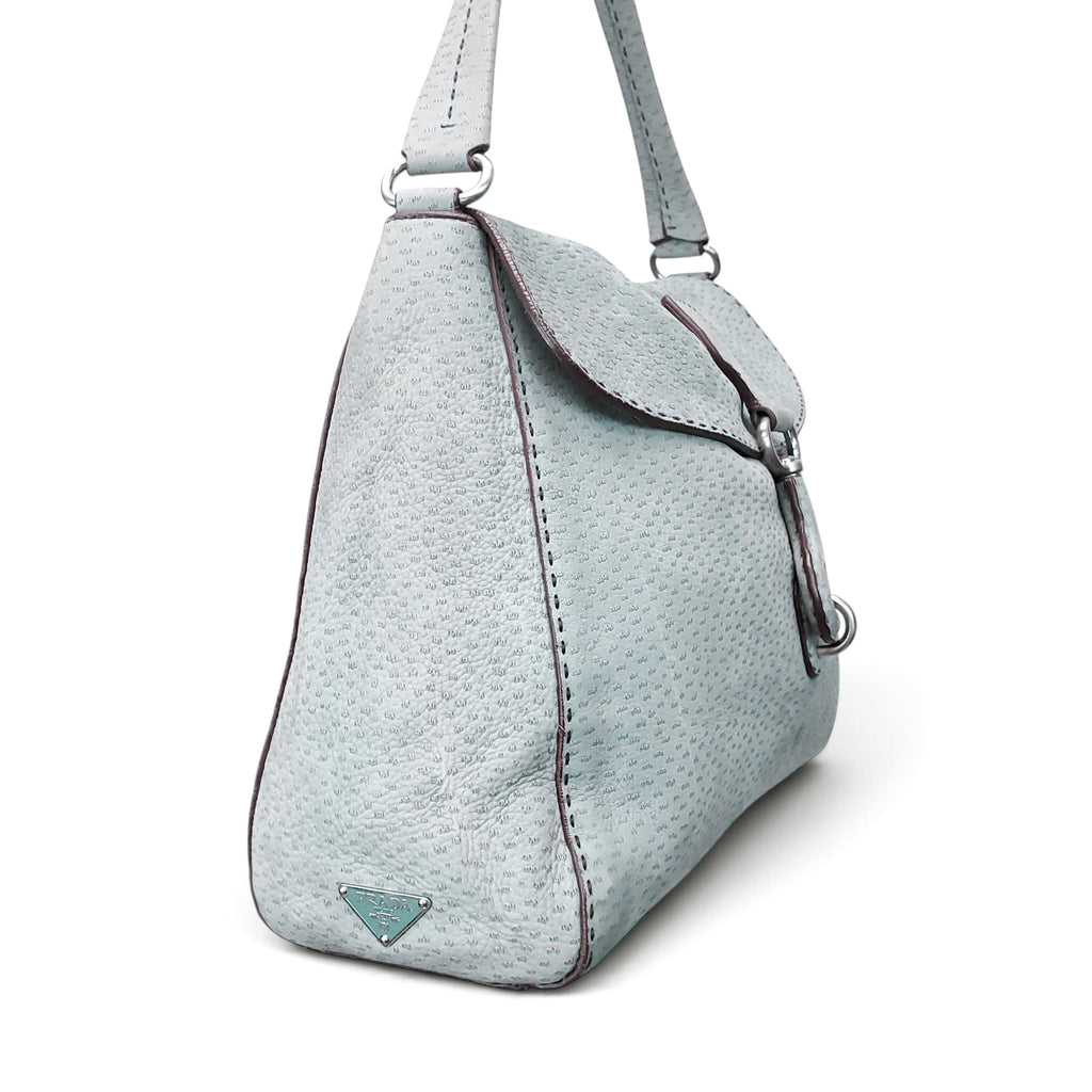 PRADA ENAMELED METAL TRIANGLE SUEDE SHOULDER BAG