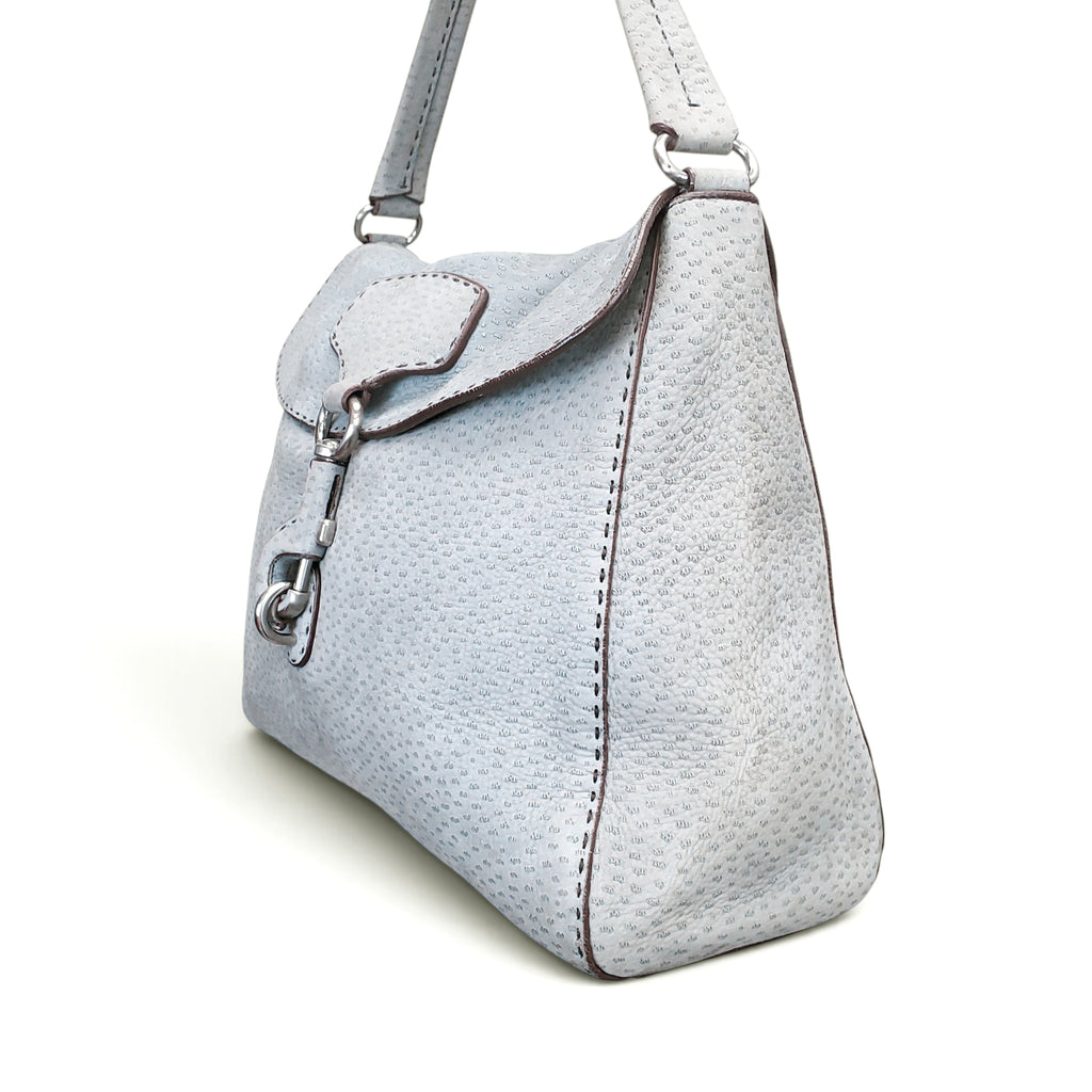 PRADA ENAMELED METAL TRIANGLE SUEDE SHOULDER BAG