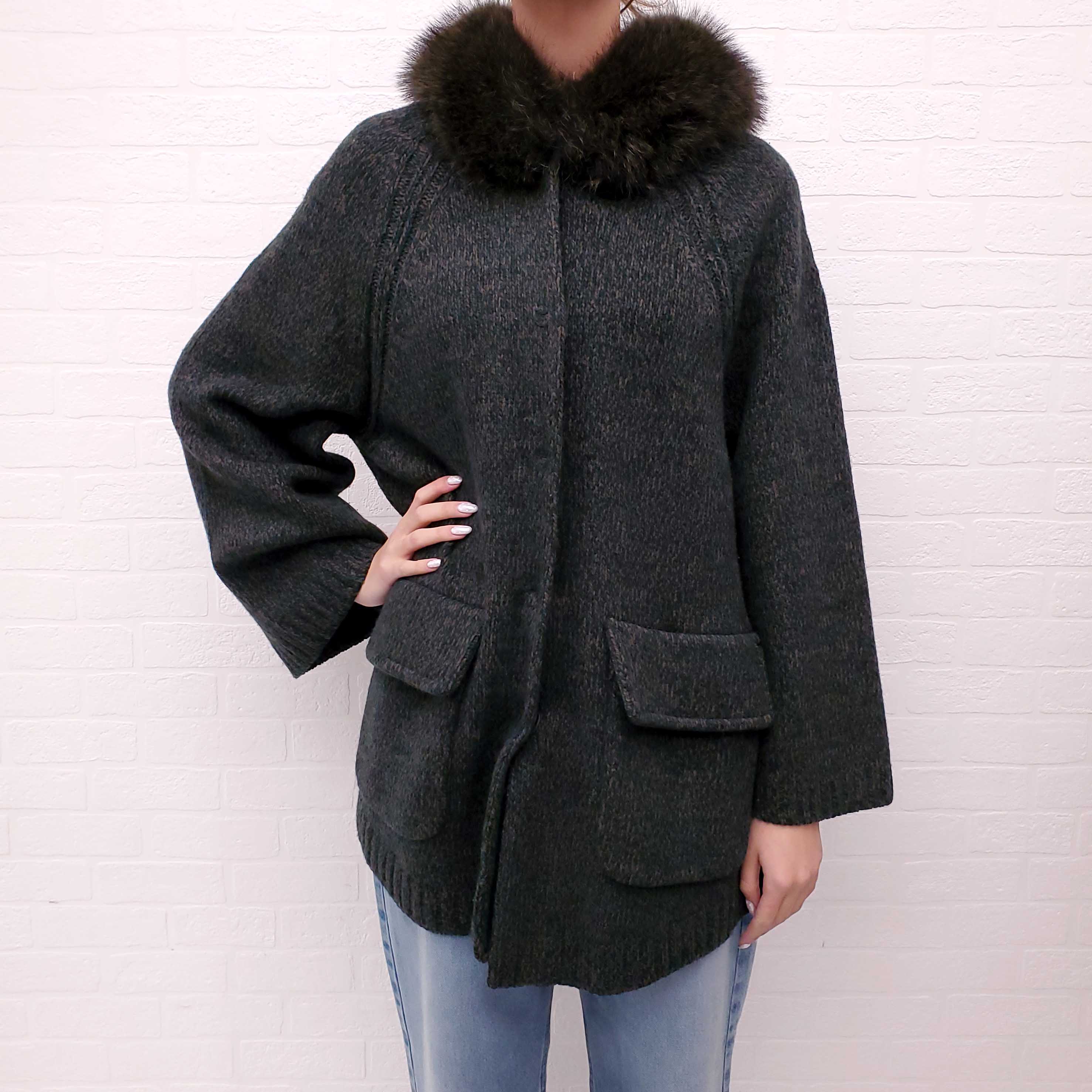 PRADA GREEN SWEATER JACKET WITH FUR HOOD - SIZE 44