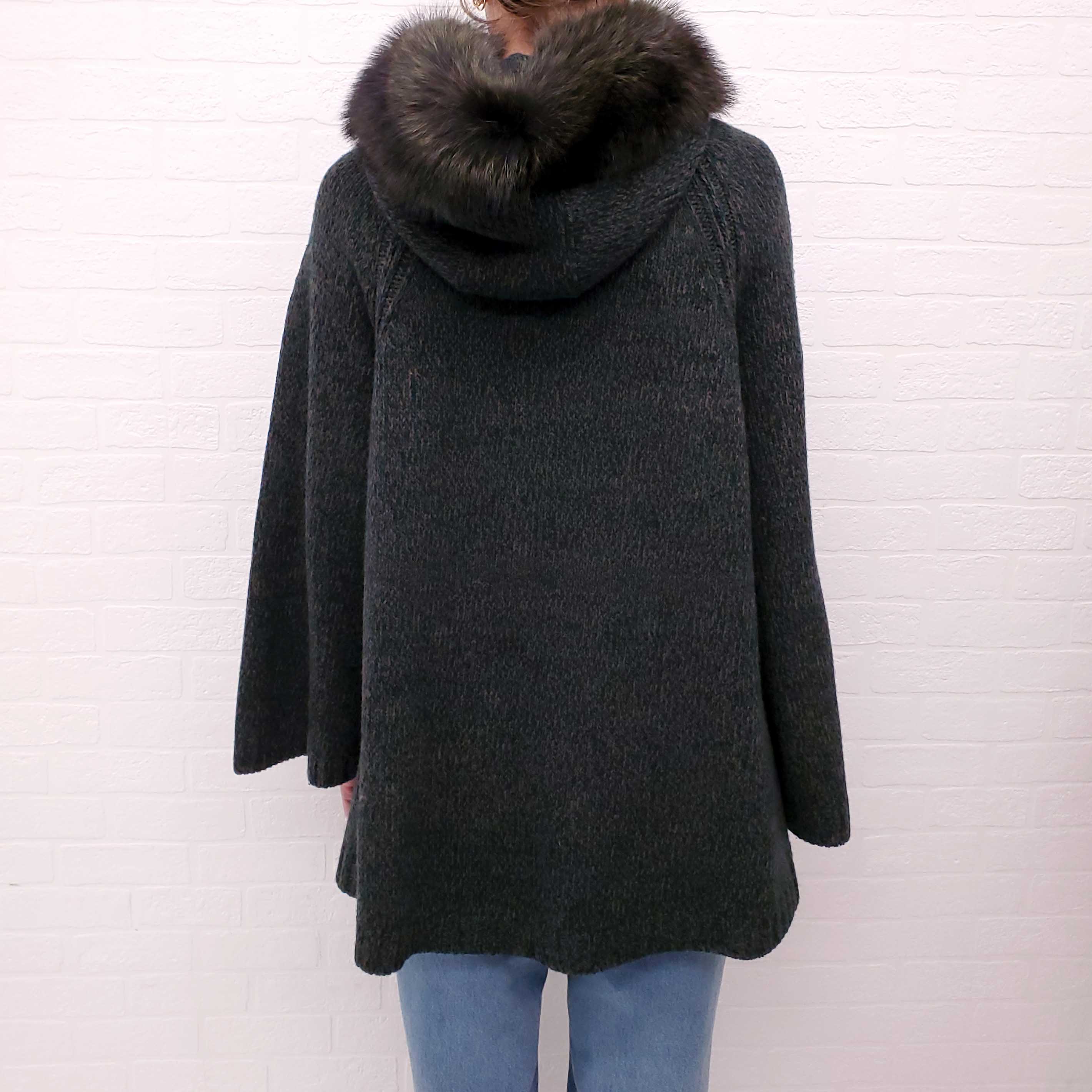 PRADA GREEN SWEATER JACKET WITH FUR HOOD - SIZE 44