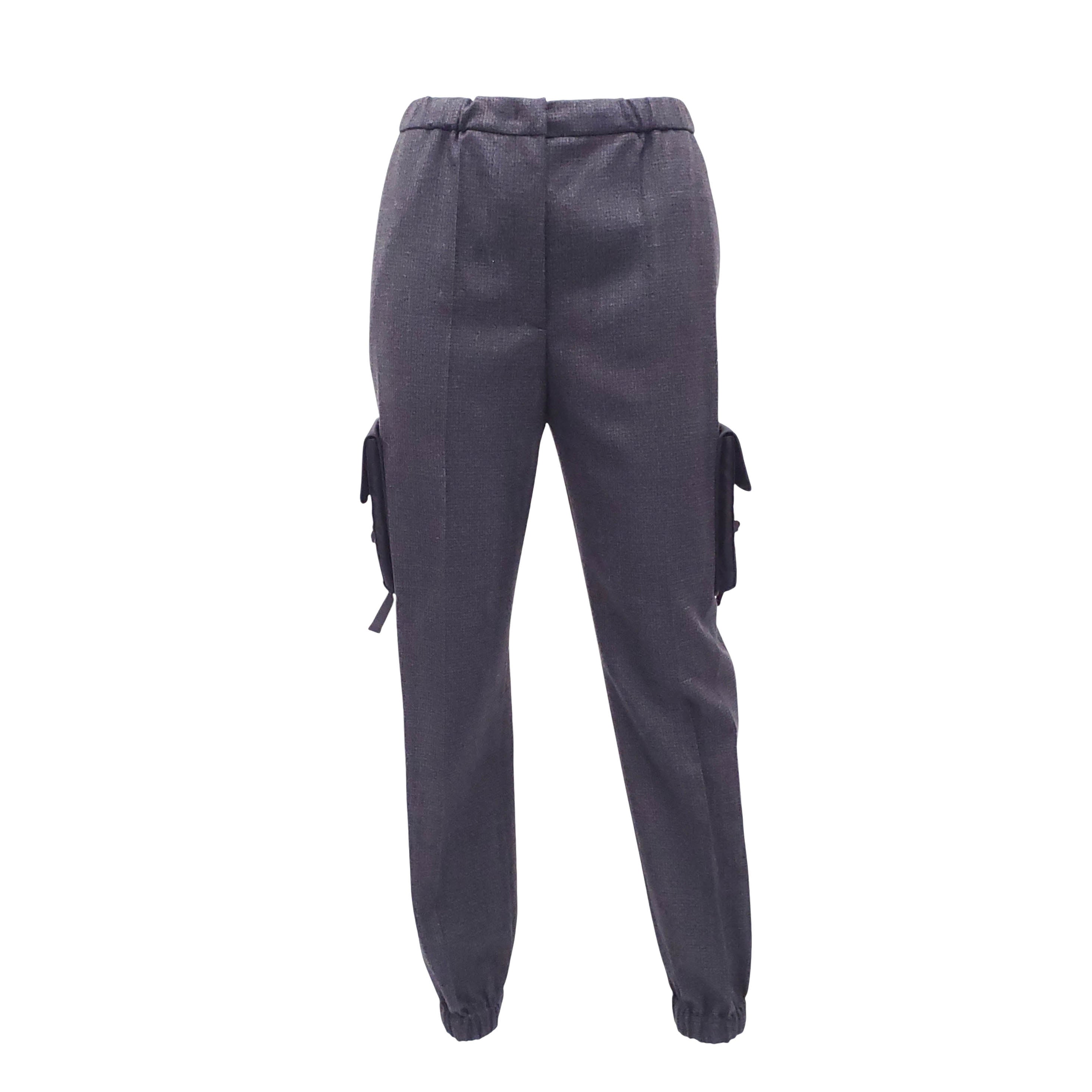 PRADA GREY CARGO PANTS WITH NYLON LOGO POCKETS - SIZE 42