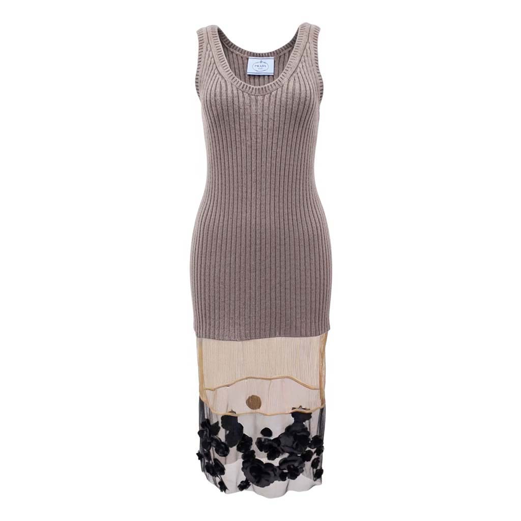 PRADA RUNWAY GREY KNIT DRESS WITH FLORAL SEQUIN DETAIL - SIZE 38