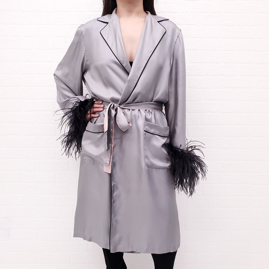 PRADA GREY SILK FEATHER ROBE WITH BELT - SIZE L