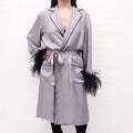 PRADA GREY SILK FEATHER ROBE WITH BELT - SIZE L