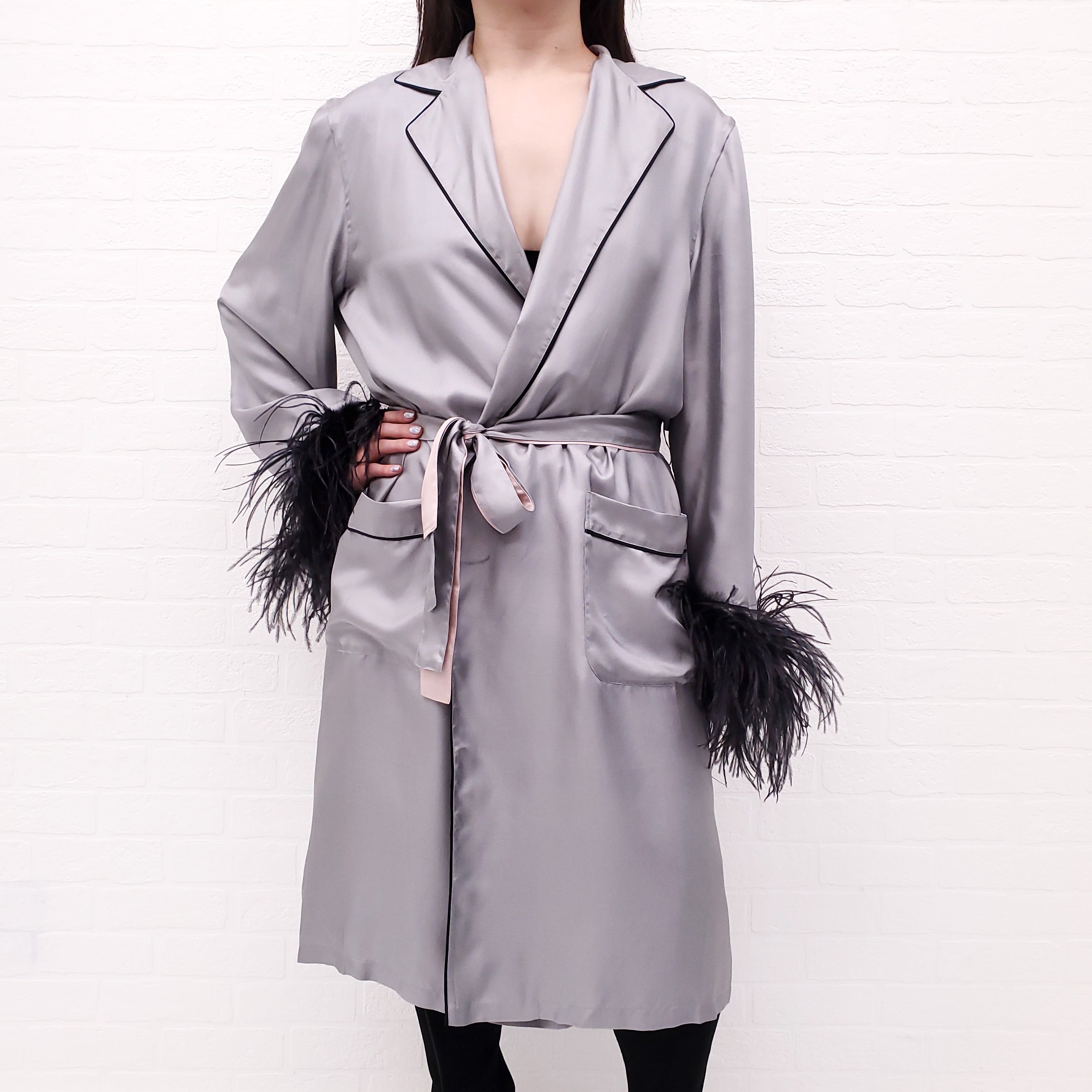 PRADA GREY SILK FEATHER ROBE WITH BELT - SIZE L