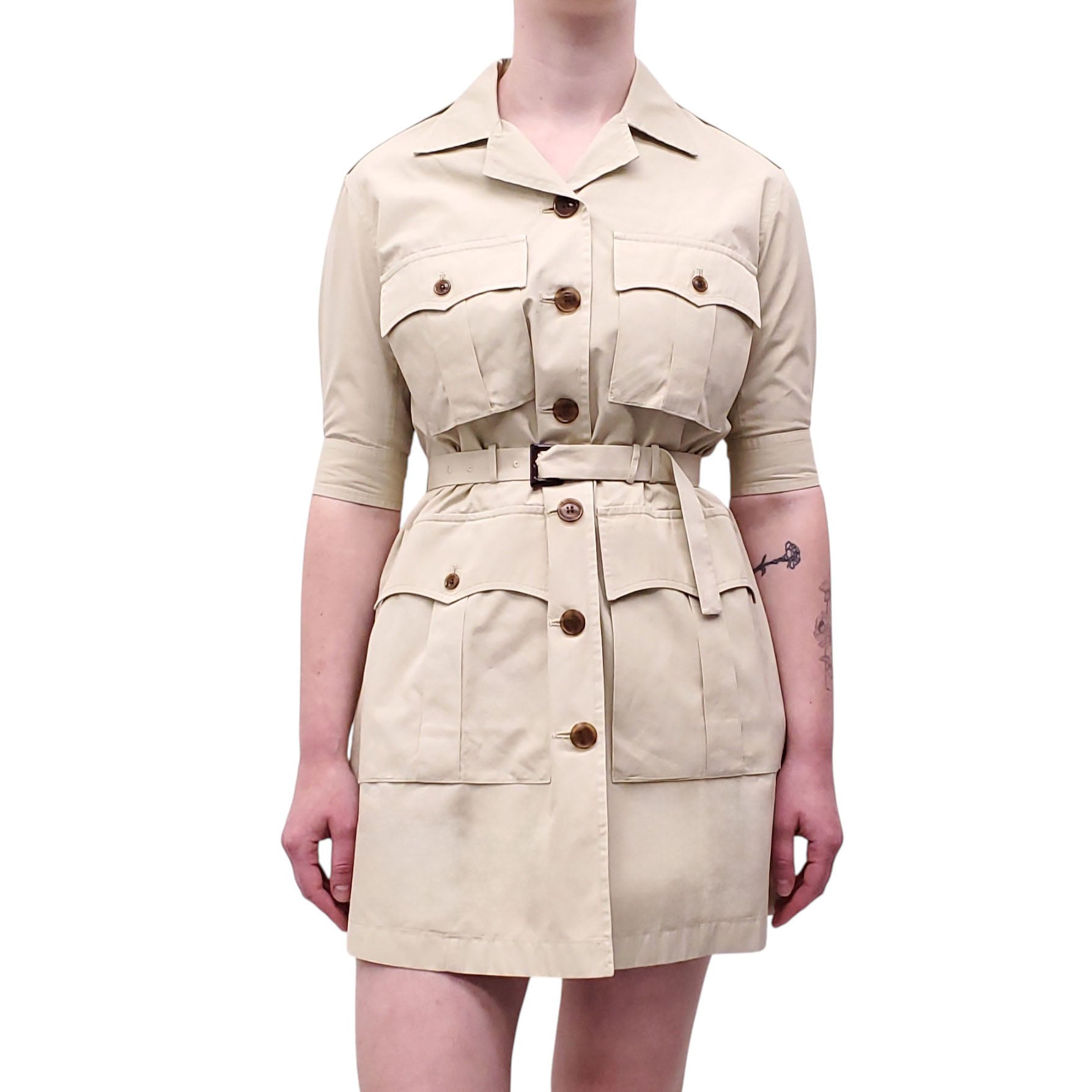 PRADA KHAKI DRESS WITH BELT AND LOGO DETAIL - SIZE 36