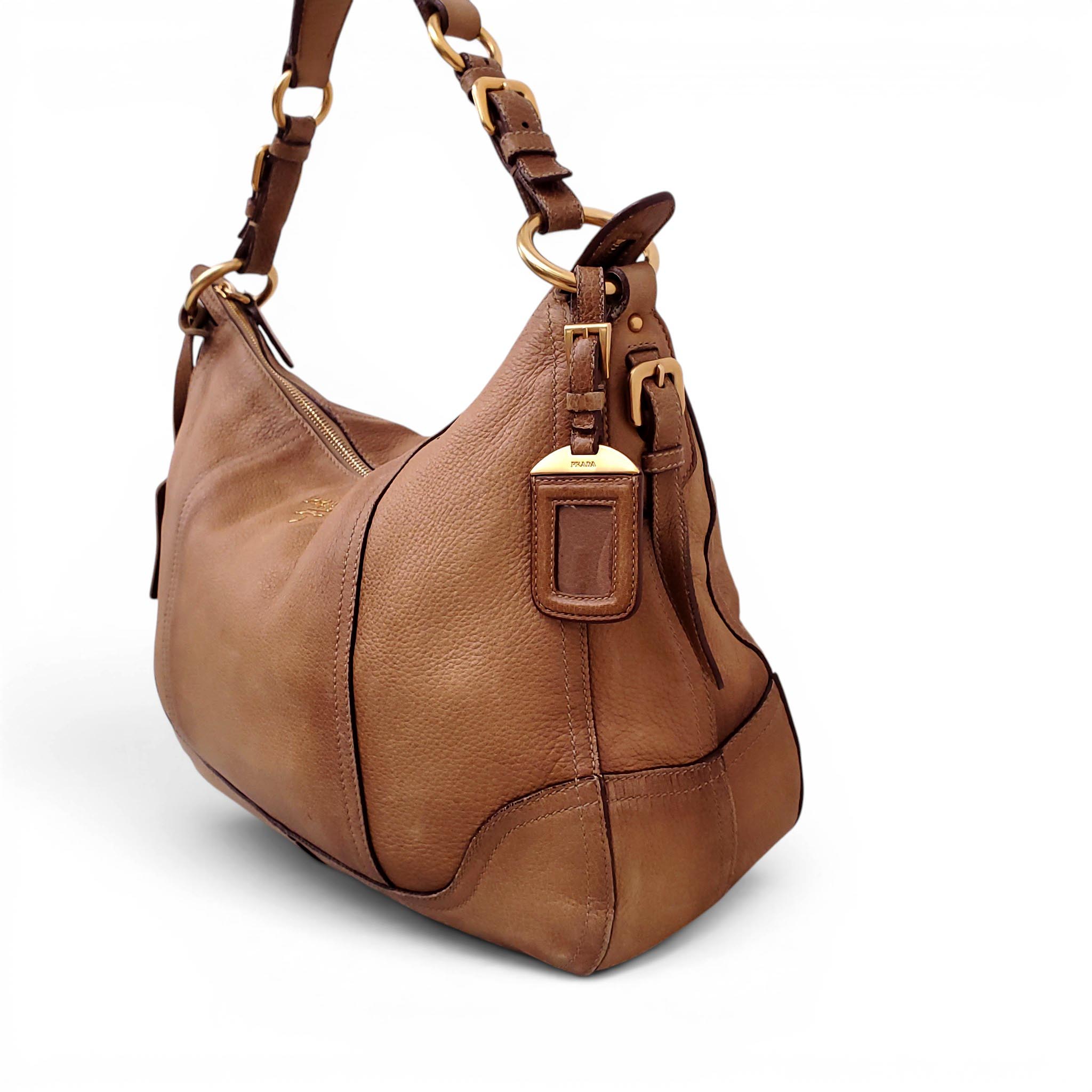 PRADA LARGE BROWN VITELLO DAINO HOBO SHOULDER BAG