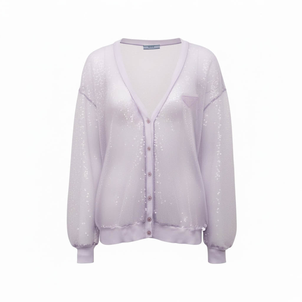 PRADA LILAC SHEER SEQUIN CARDIGAN - SIZE 40