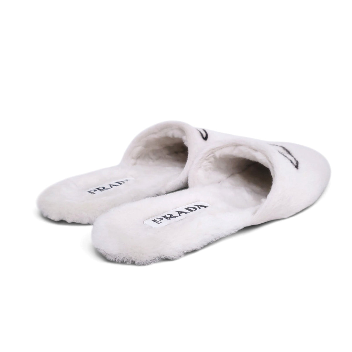 PRADA LOGO SHEARLING LOGO MULES - SIZE 38.5