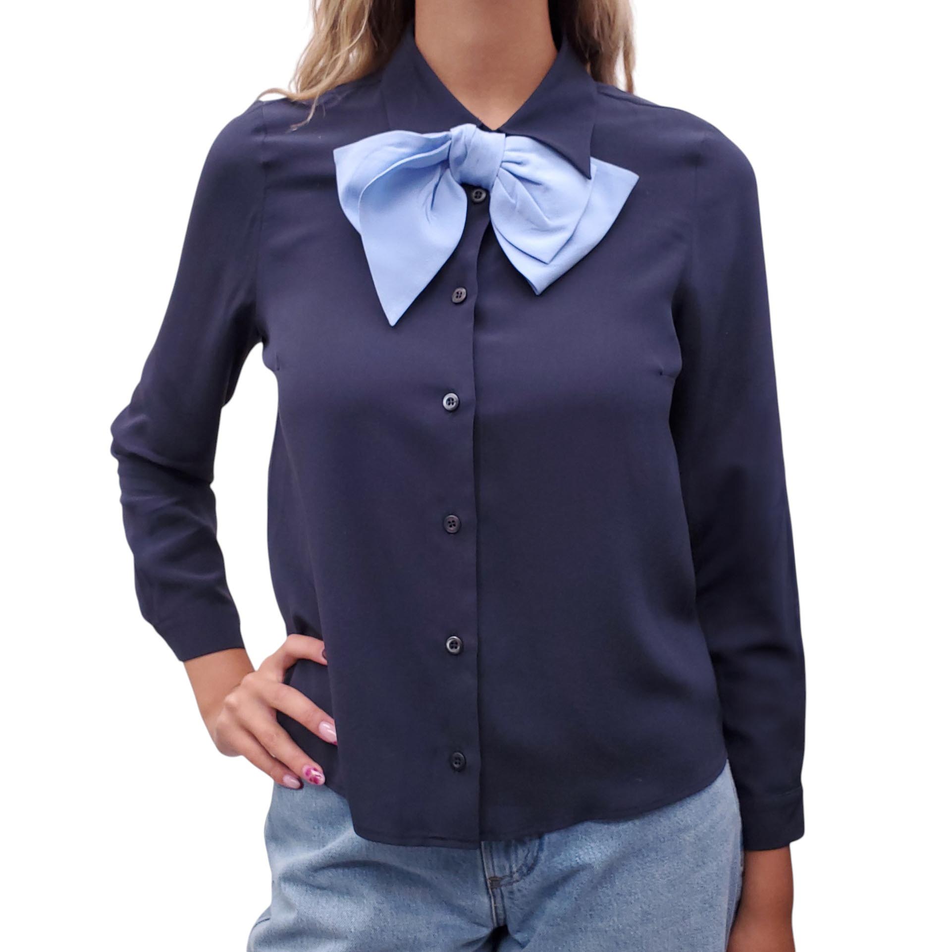 PRADA NAVY BLOUSE WITH BLUE BOW DETAIL - SIZE 40