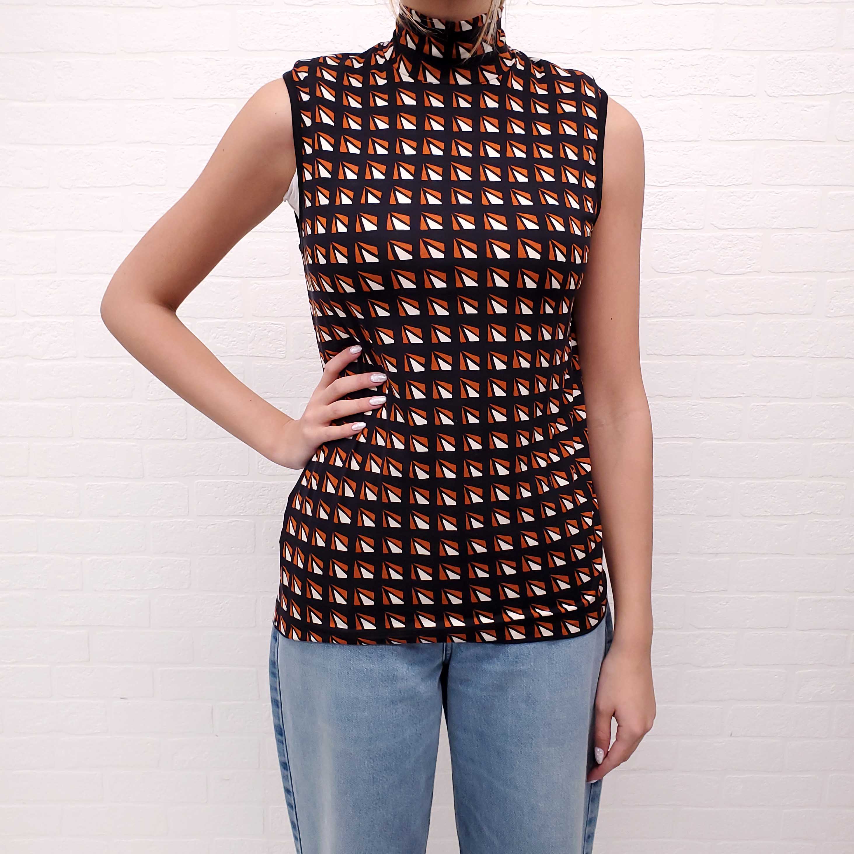 PRADA PATTERNED SLEEVELESS TOP WITH PRADA LOGO - SIZE L