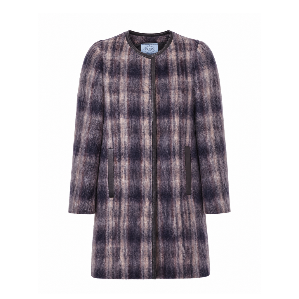 PRADA PLAID COAT WITH LEATHER PIPING - SIZE 44