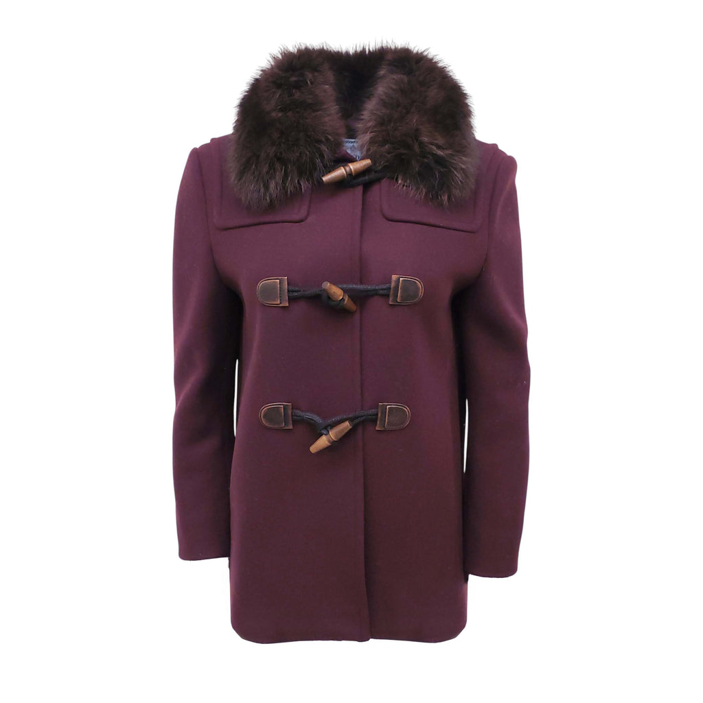 PRADA PLUM TOGGLE COAT WITH FUR - SIZE 40