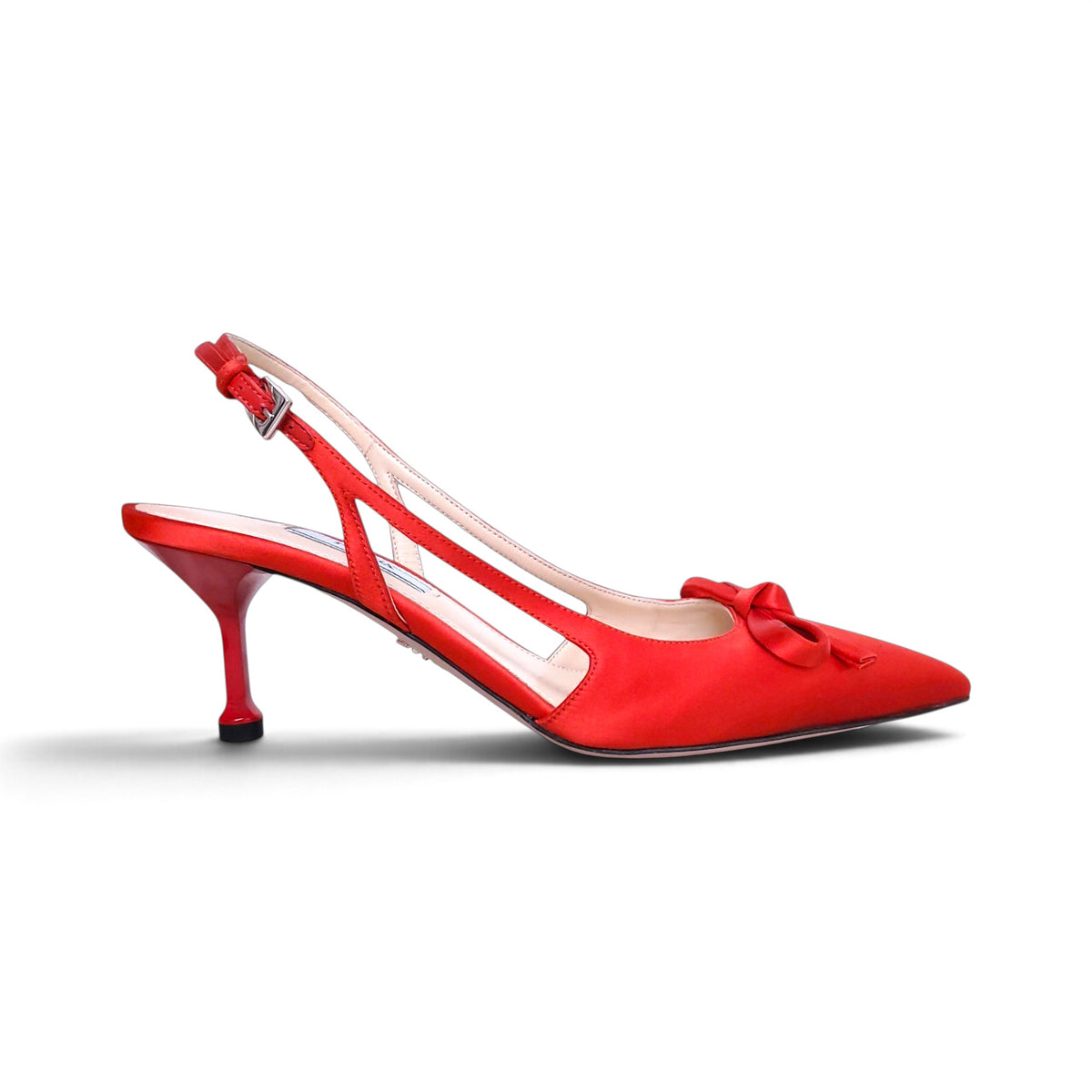 PRADA RED SATIN KITTEN HEELS WITH BOW - SIZE 38