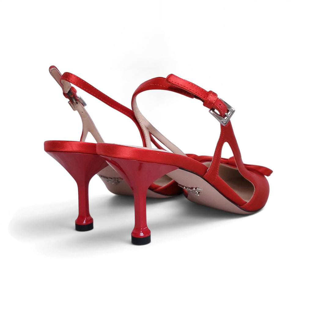 PRADA RED SATIN KITTEN HEELS WITH BOW - SIZE 38