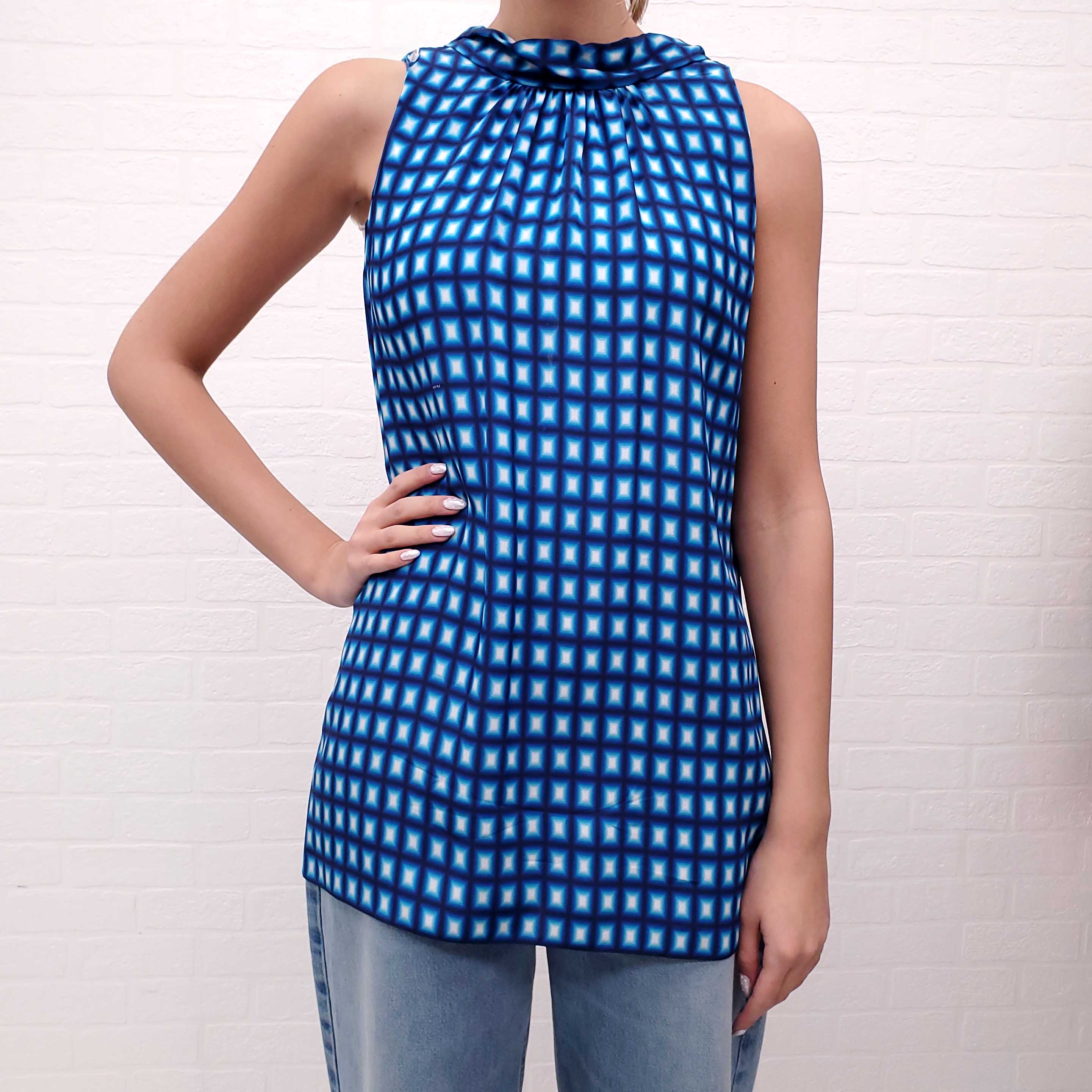 PRADA SILK BLUE PATTERNED TIE DETAIL BLOUSE - SIZE 44