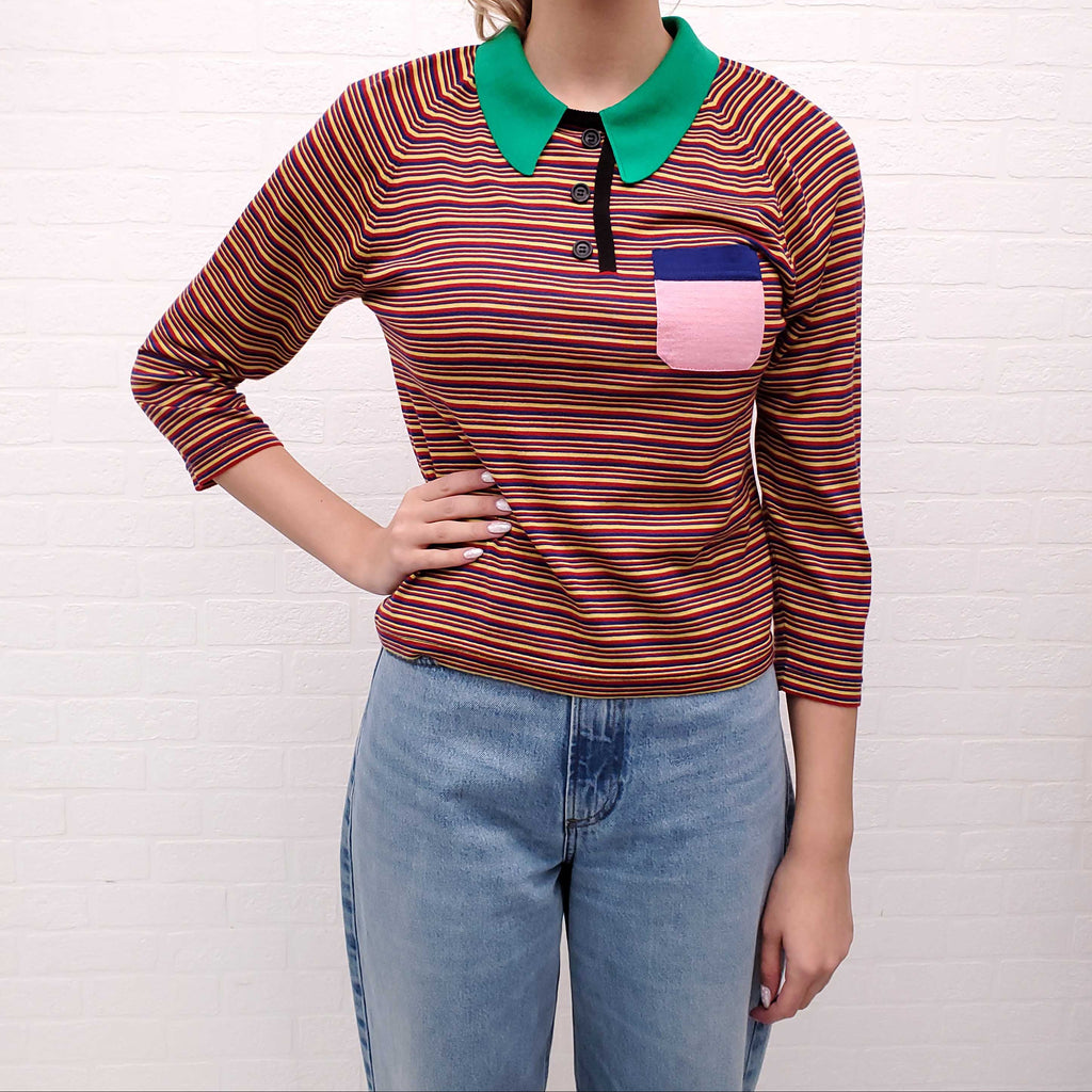 PRADA STRIPED GREEN COLLARED SWEATER - SIZE M