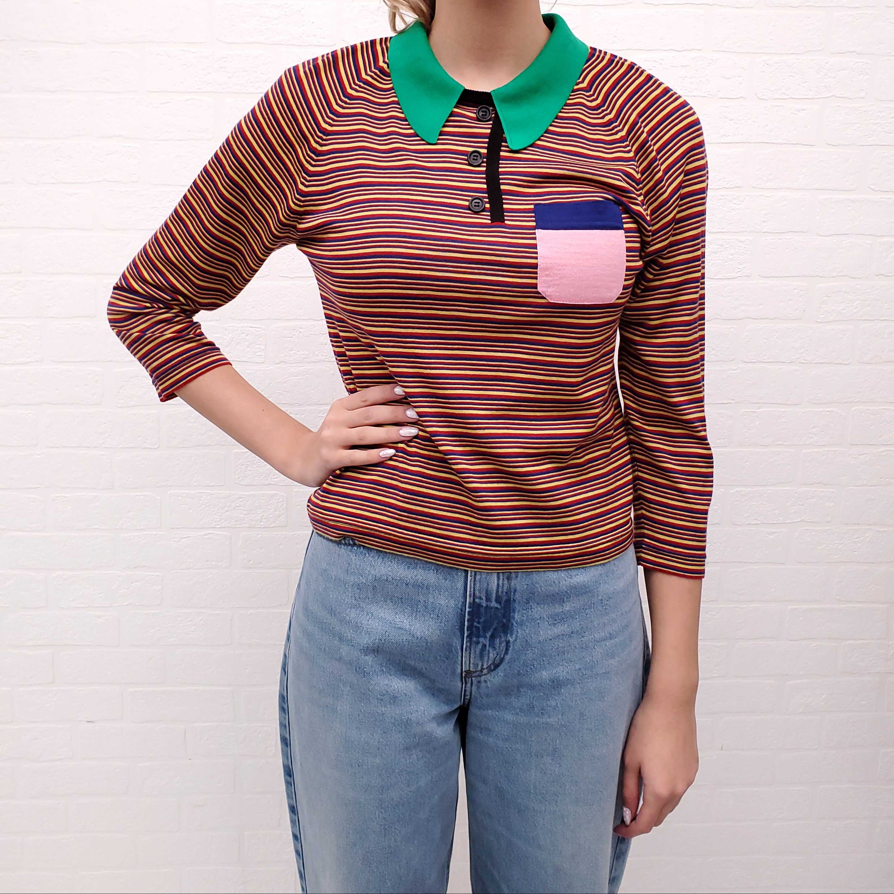 PRADA STRIPED GREEN COLLARED SWEATER - SIZE M