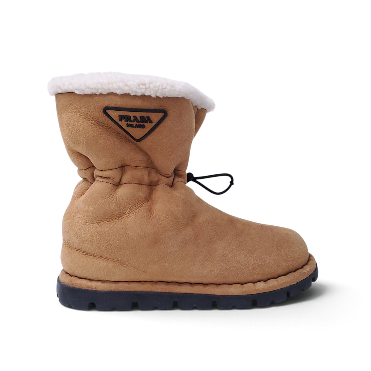 PRADA SUEDE SHEARLING LOGO BOOTS - SIZE 38.5