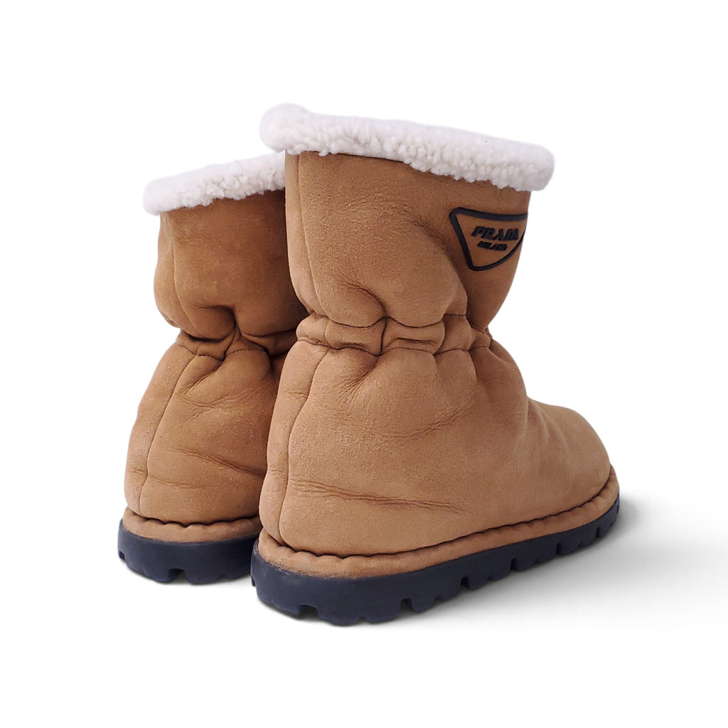 PRADA SUEDE SHEARLING LOGO BOOTS - SIZE 38.5