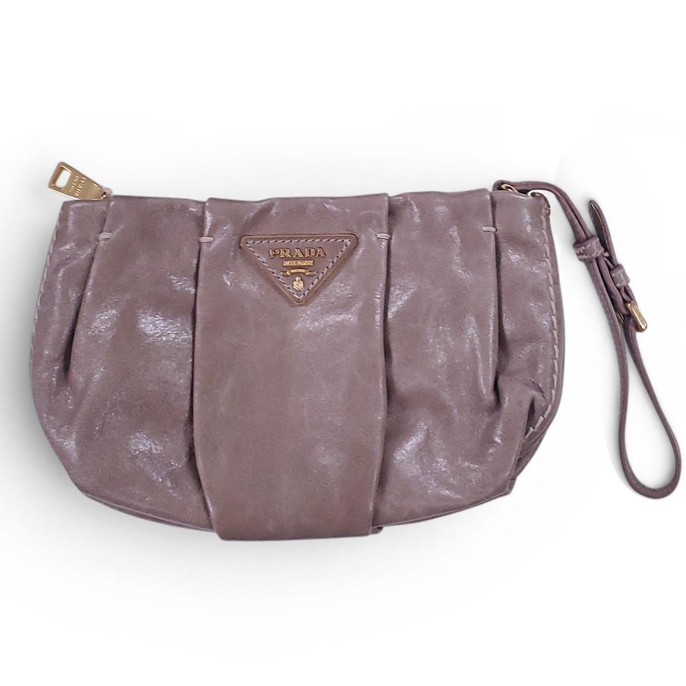 PRADA TAUPE PATENT LEATHER WRISTLET POUCH