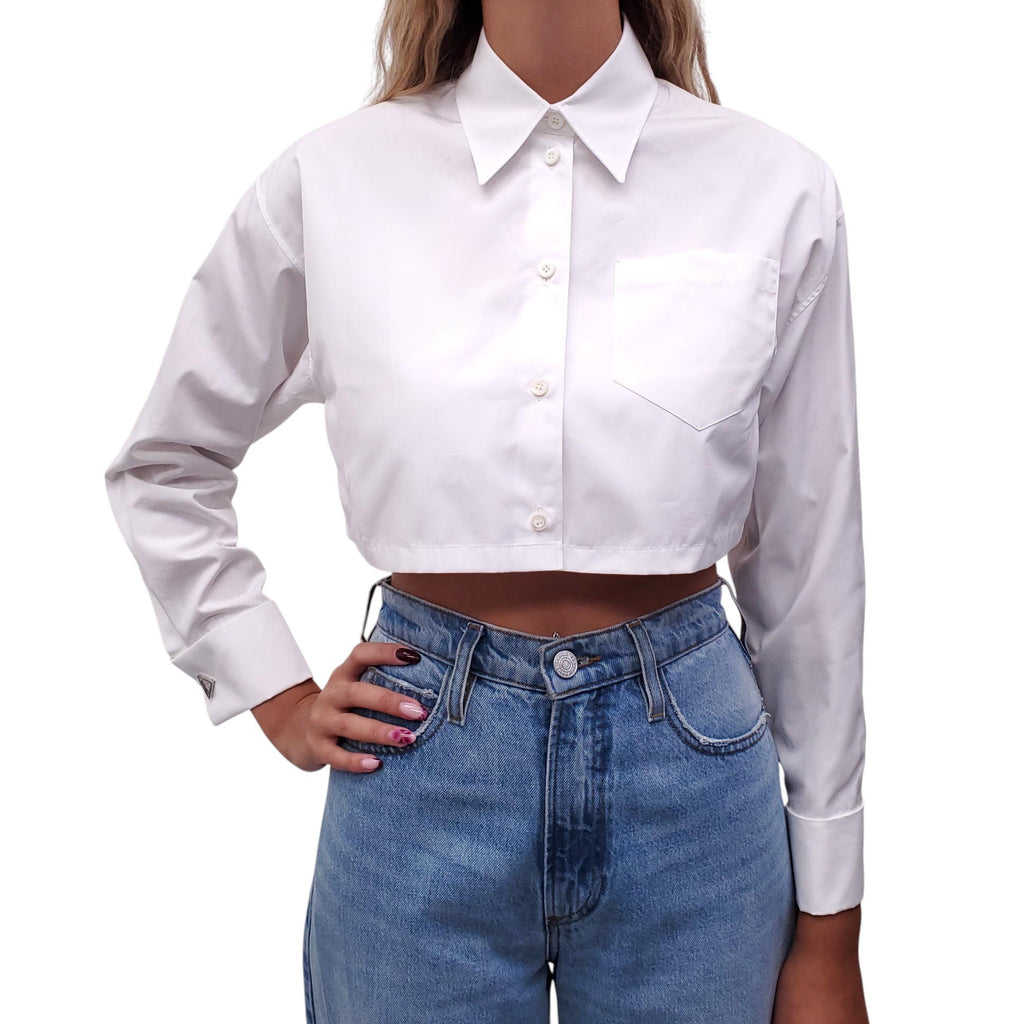 PRADA WHITE COTTON BLOUSE WITH CRYSTAL TRIANGLE CUFFLINKS - SIZE 36