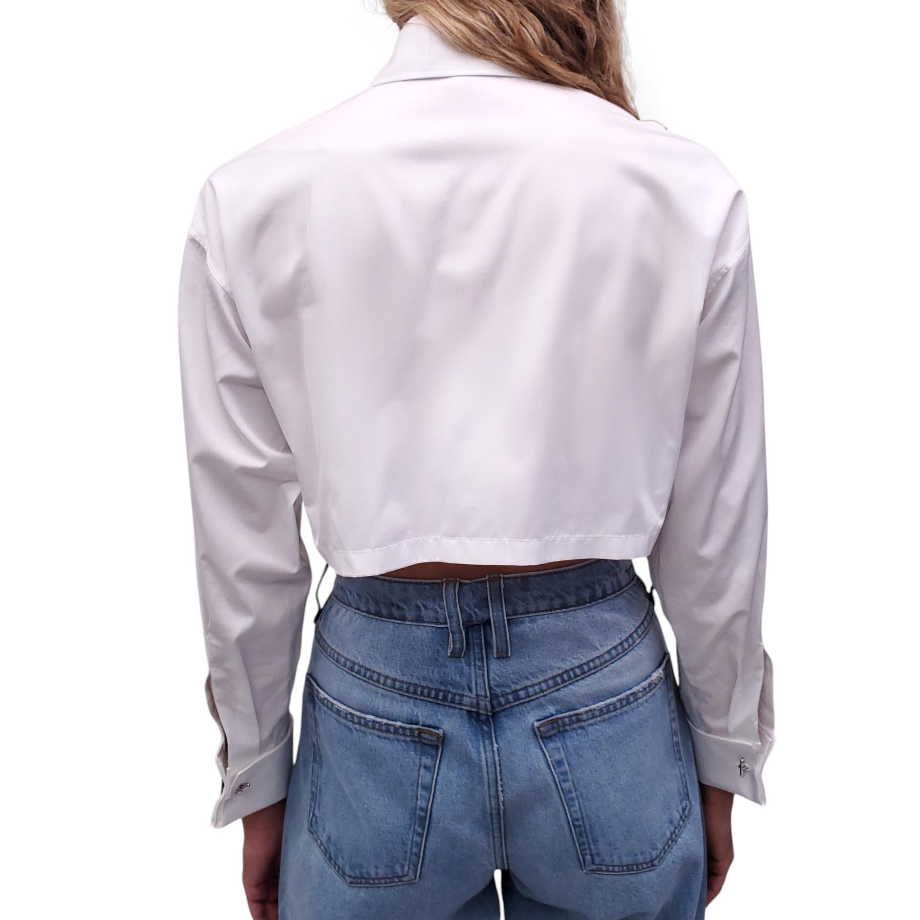 PRADA WHITE COTTON BLOUSE WITH CRYSTAL TRIANGLE CUFFLINKS - SIZE 36