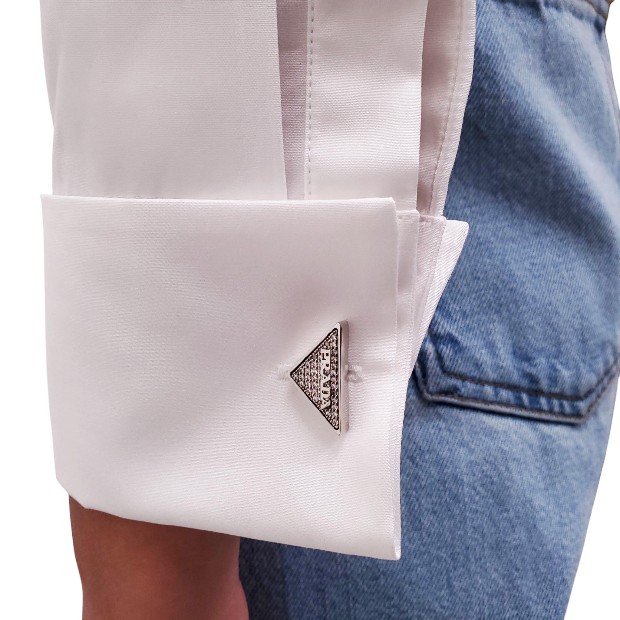 PRADA WHITE COTTON BLOUSE WITH CRYSTAL TRIANGLE CUFFLINKS - SIZE 36