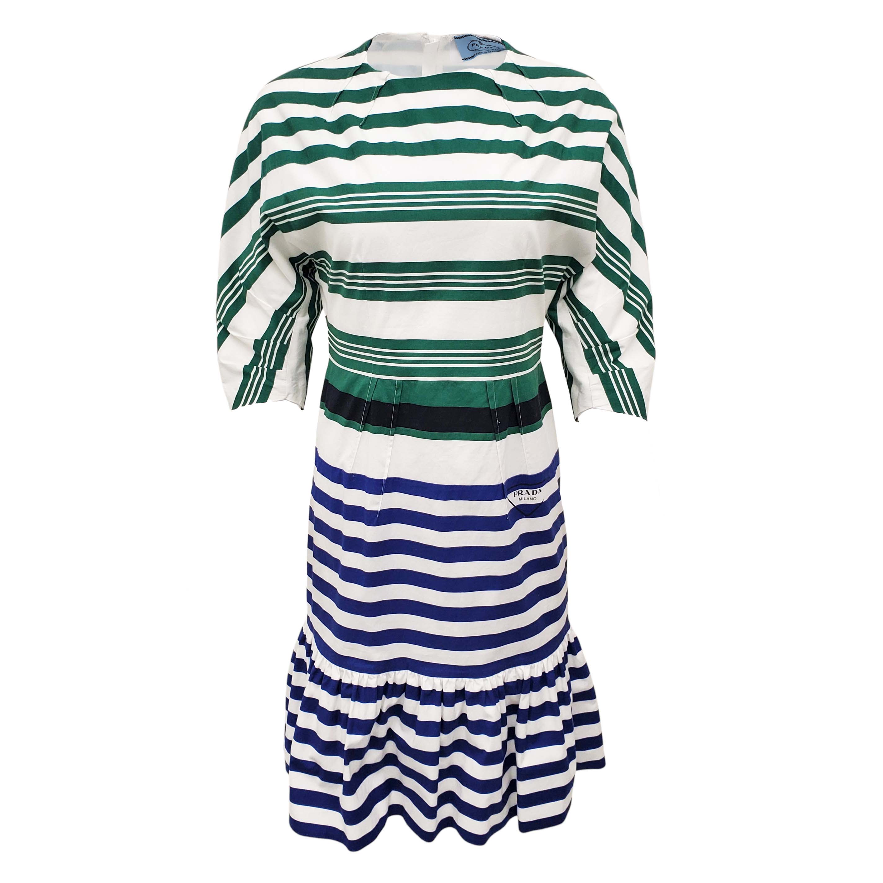 PRADA WHITE, GREEN, AND BLUE STRIPED DRESS - SIZE 42