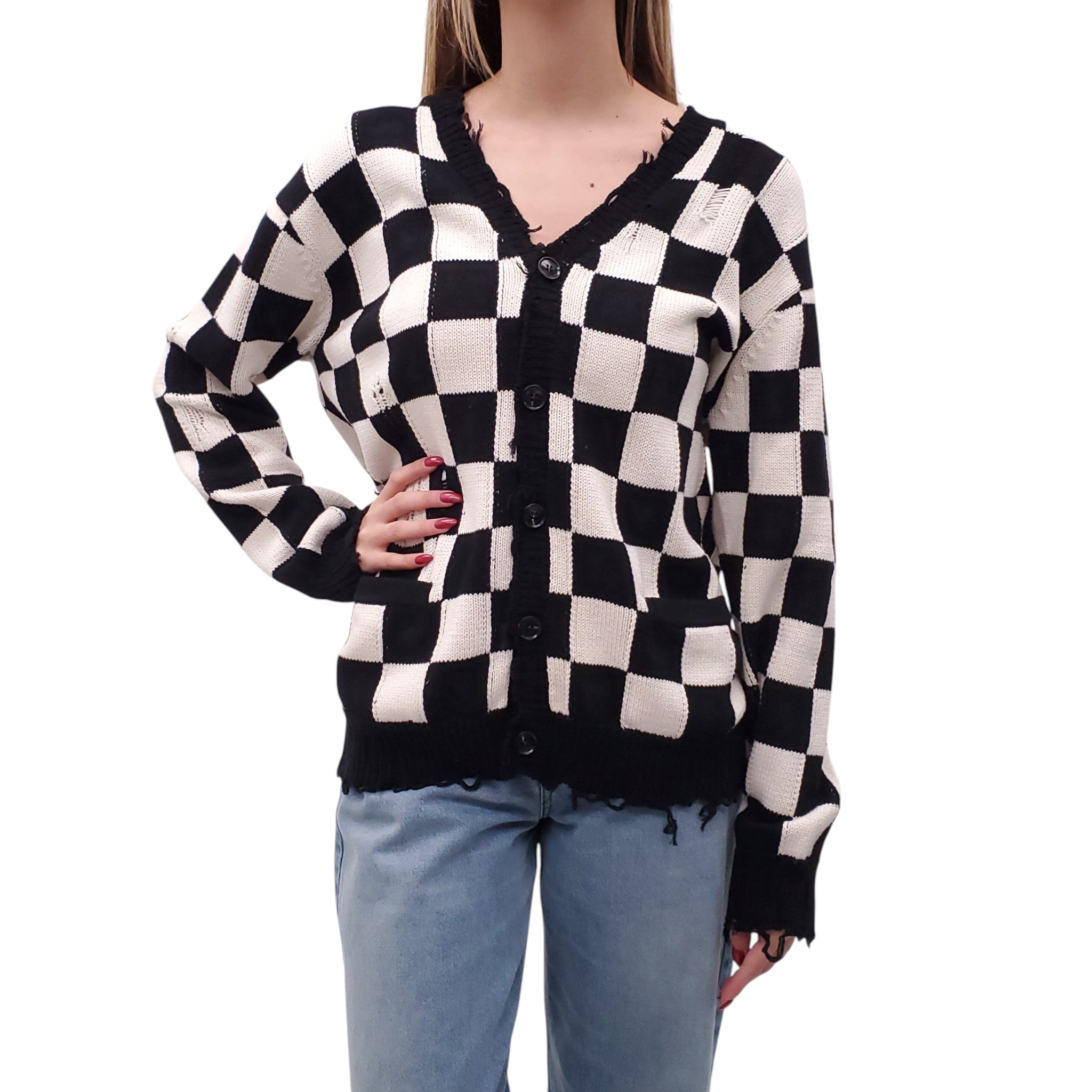 R13 BLACK & WHITE PLAID CARDIGAN - SIZE XXS (OVERSIZED)