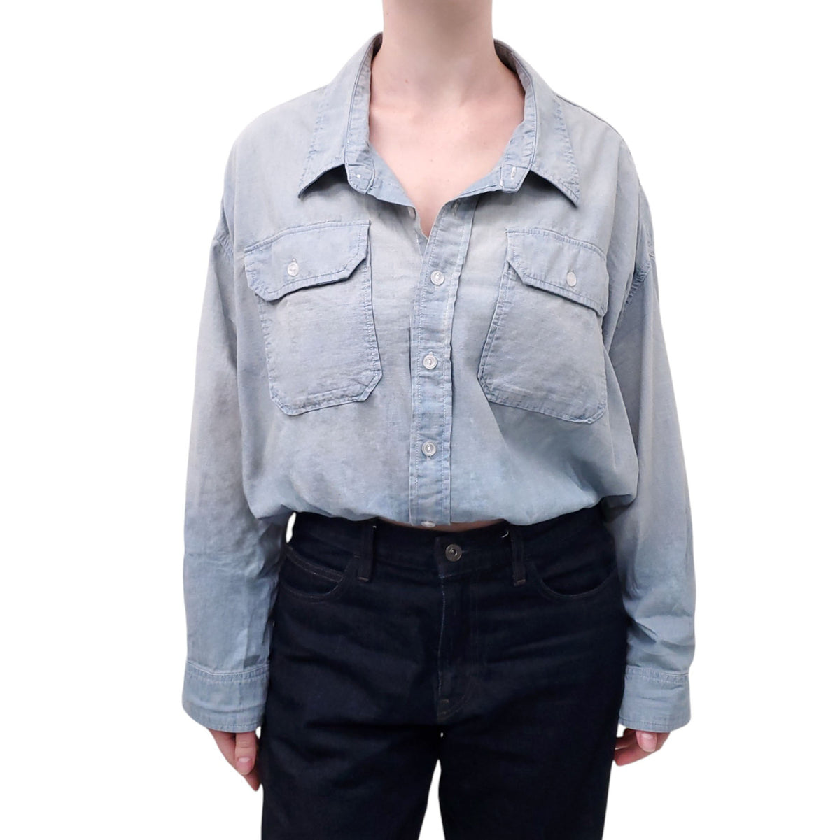 R13 DENIM EFFECT BUBBLE BUTTON UP CROPPED SHIRT - SIZE XS