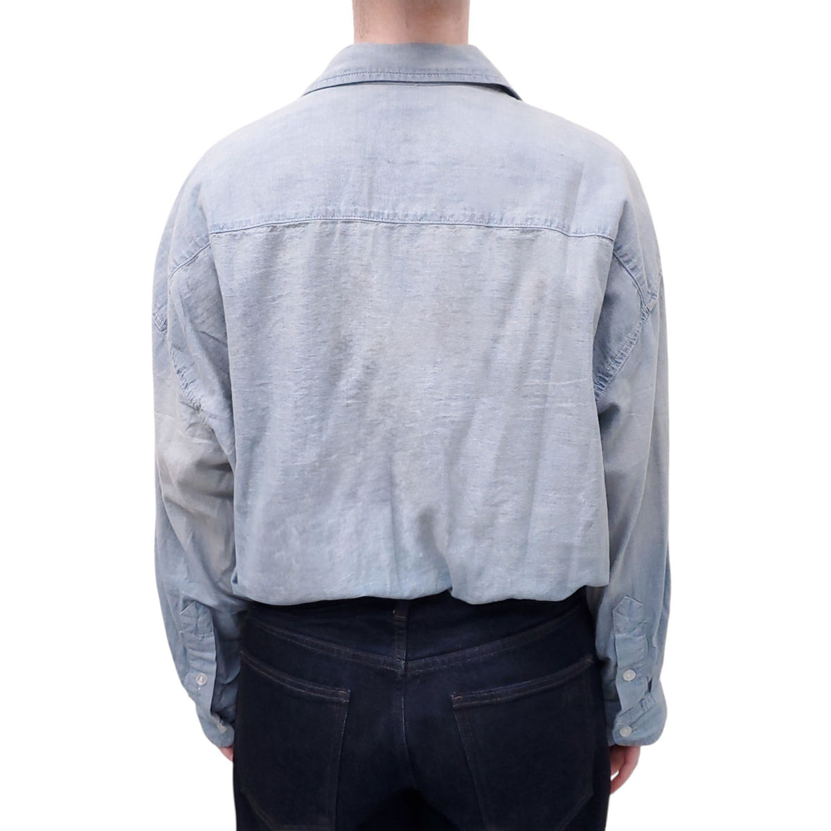 R13 DENIM EFFECT BUBBLE BUTTON UP CROPPED SHIRT - SIZE XS