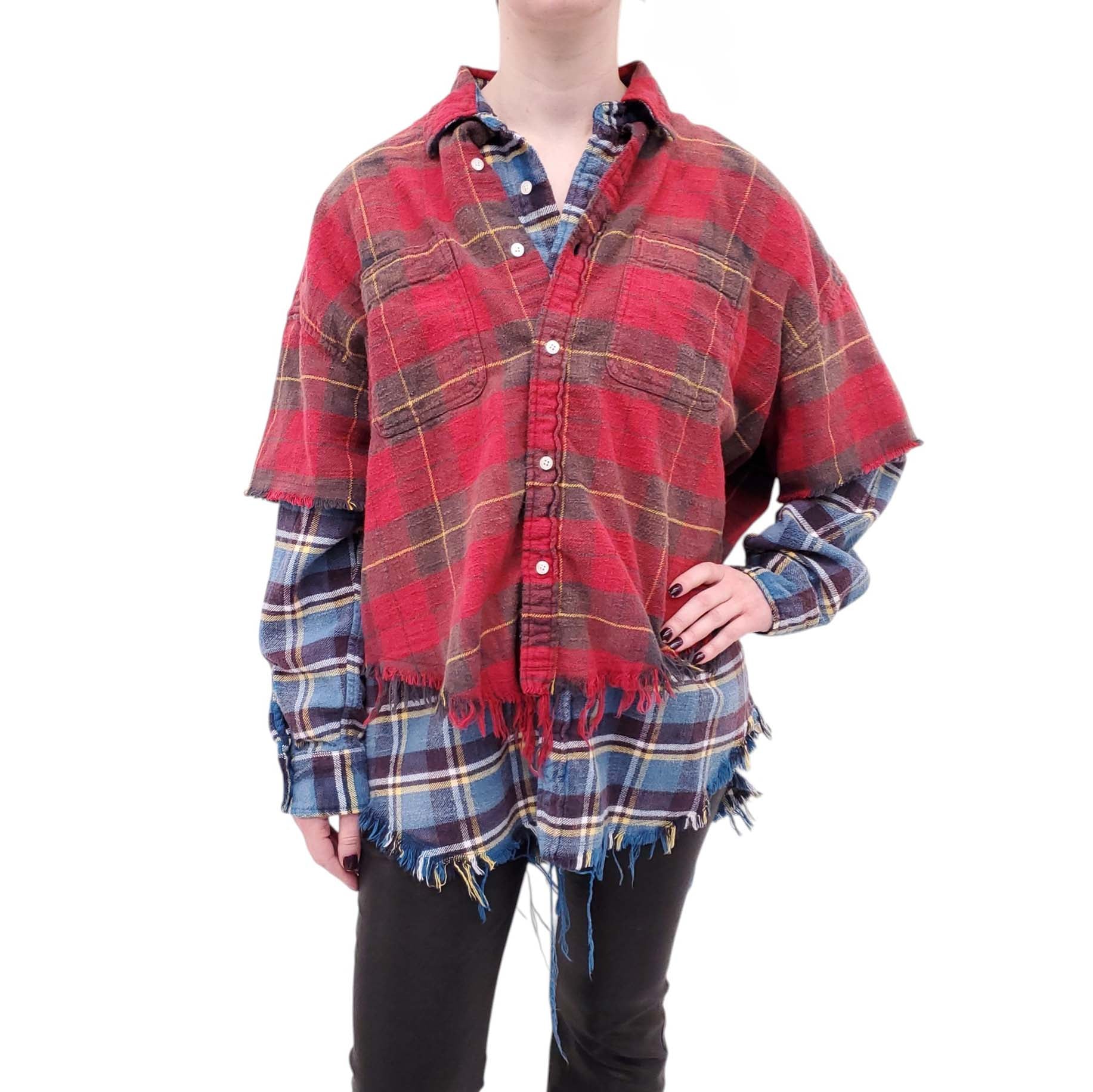 R13 DUAL PLAID LAYERED SHIRT - SIZE M