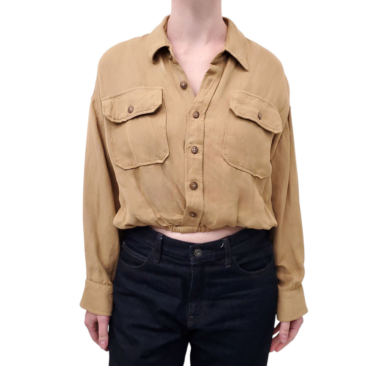 R13 KHAKI BUBBLE BUTTON UP CROPPED SHIRT - SIZE XS