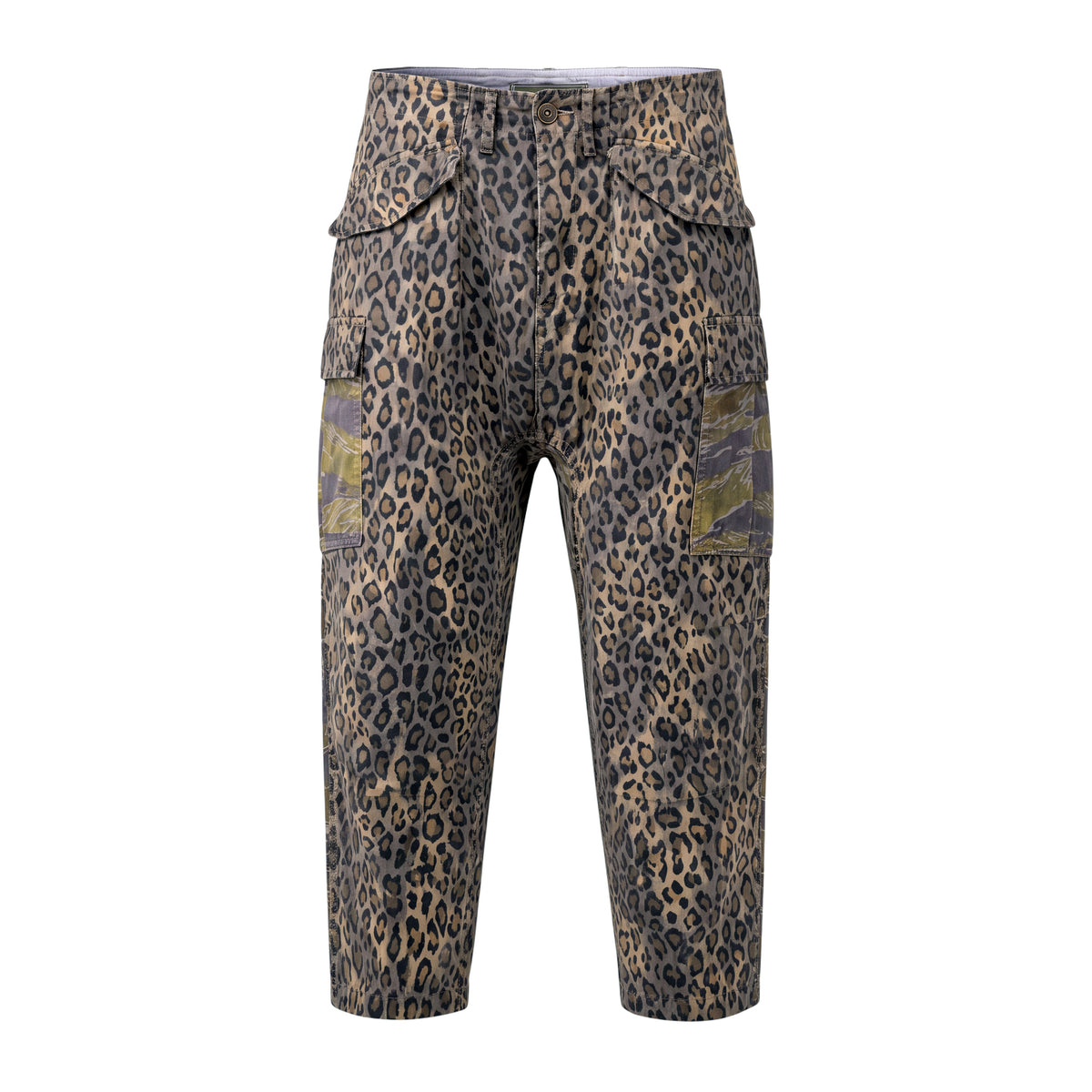 R13 LEOPARD AND CAMO DROPPED CROTCH CARGO PANTS - SIZE 26