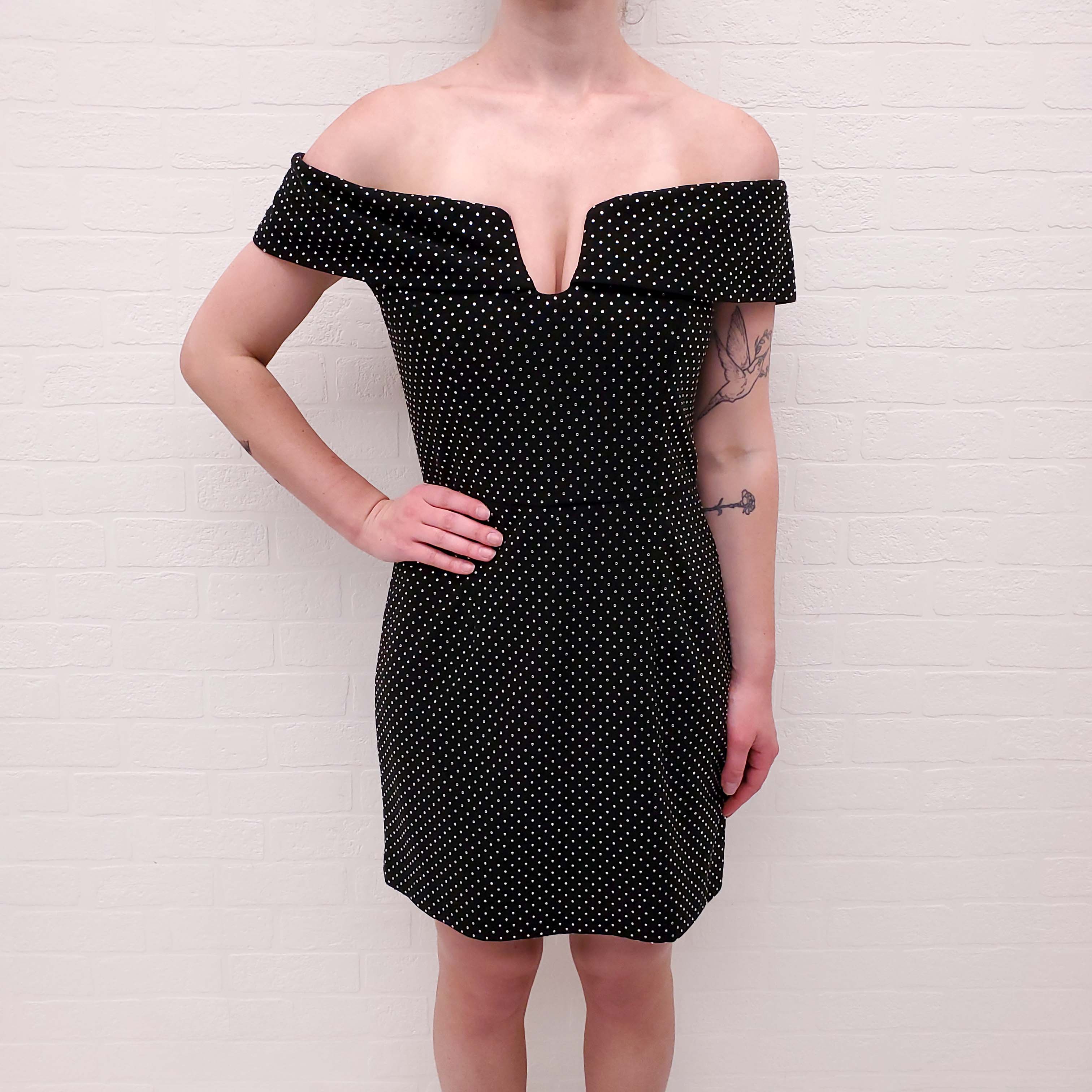 REBECCA VALLANCE BLACK RHINESTONE OFF THE SHOULDER MINI DRESS - SIZE 10 AU/6 US