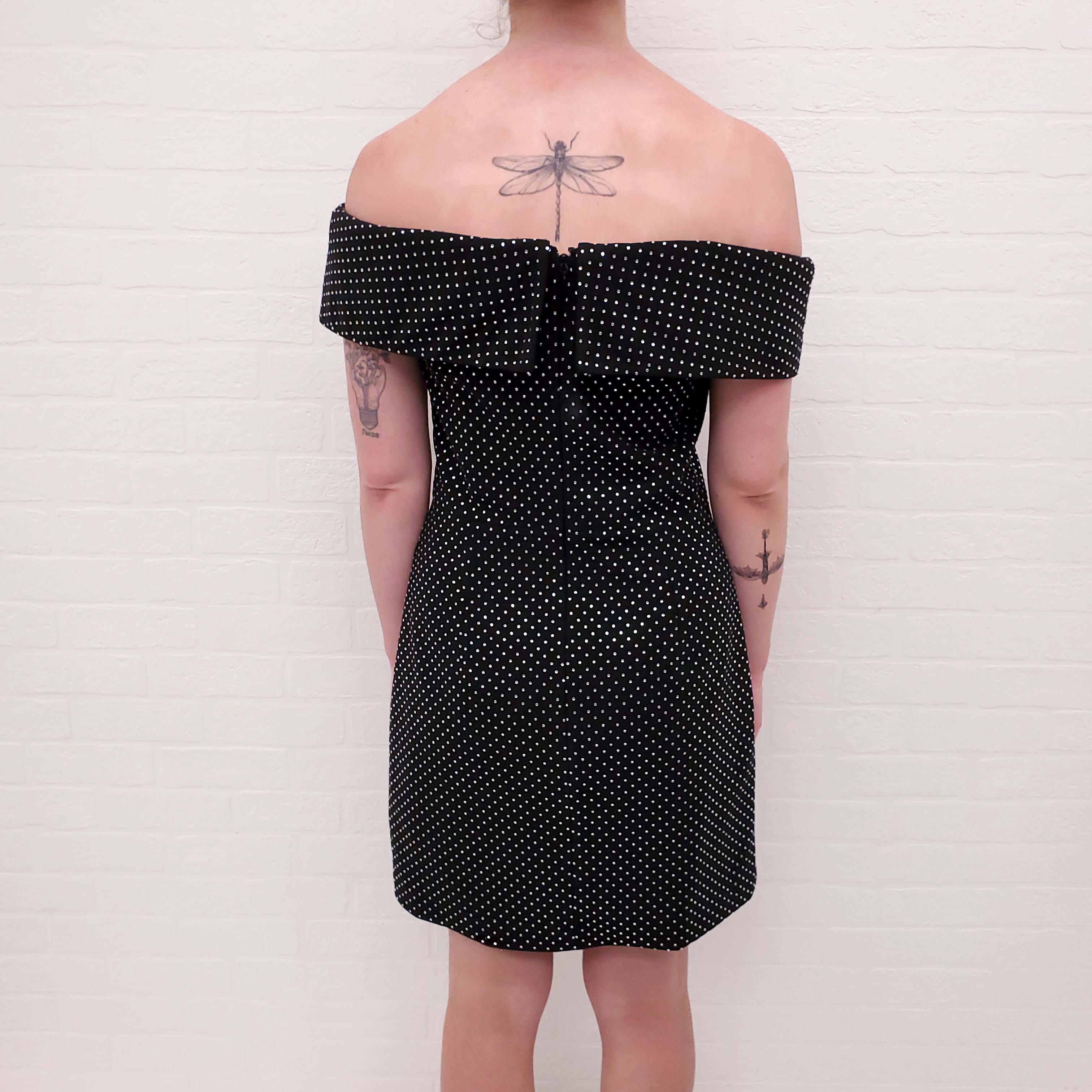 REBECCA VALLANCE BLACK RHINESTONE OFF THE SHOULDER MINI DRESS - SIZE 10 AU/6 US