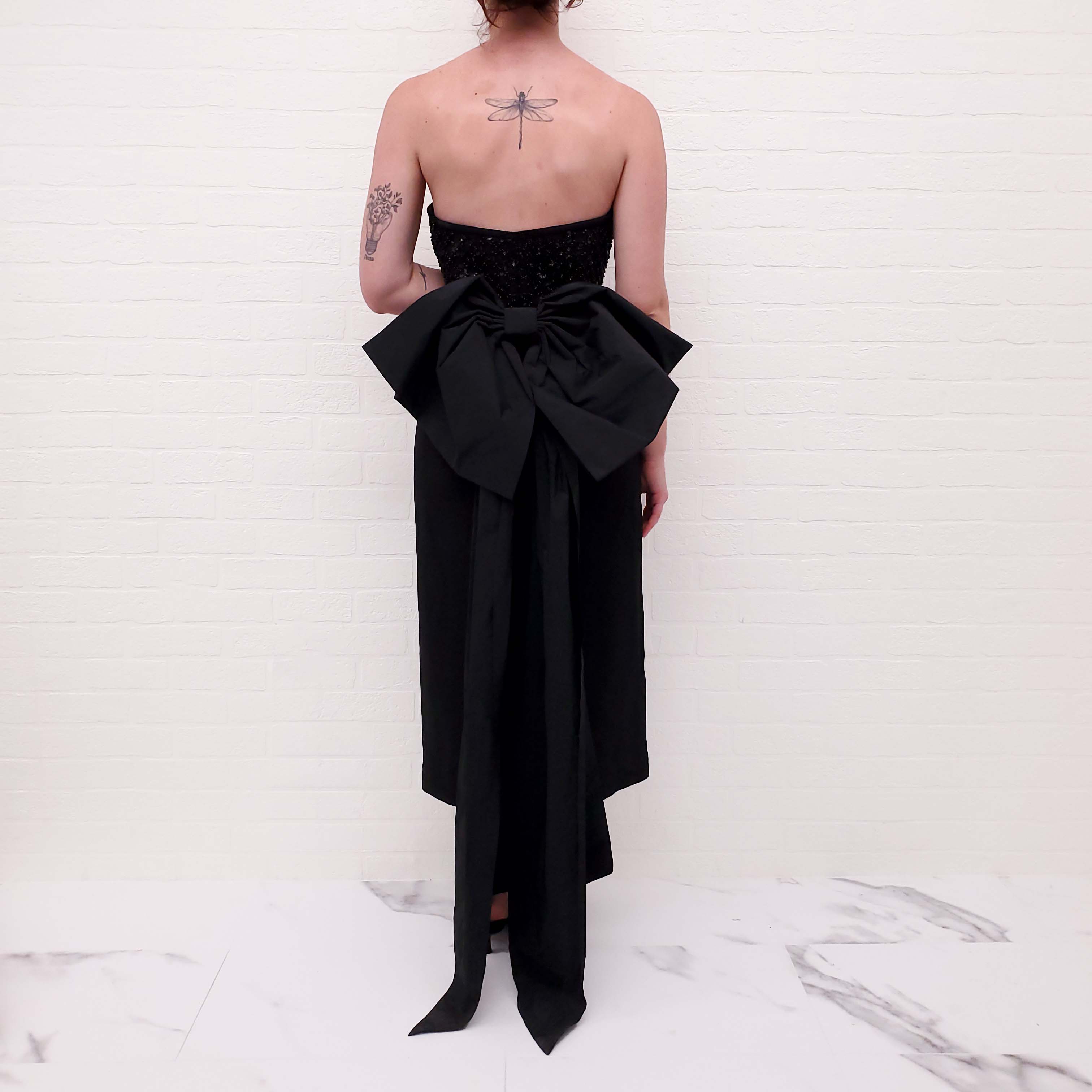 REBECCA VALLANCE BLACK SEQUIN BOW MIDI DRESS - SIZE 12 AU/8 US