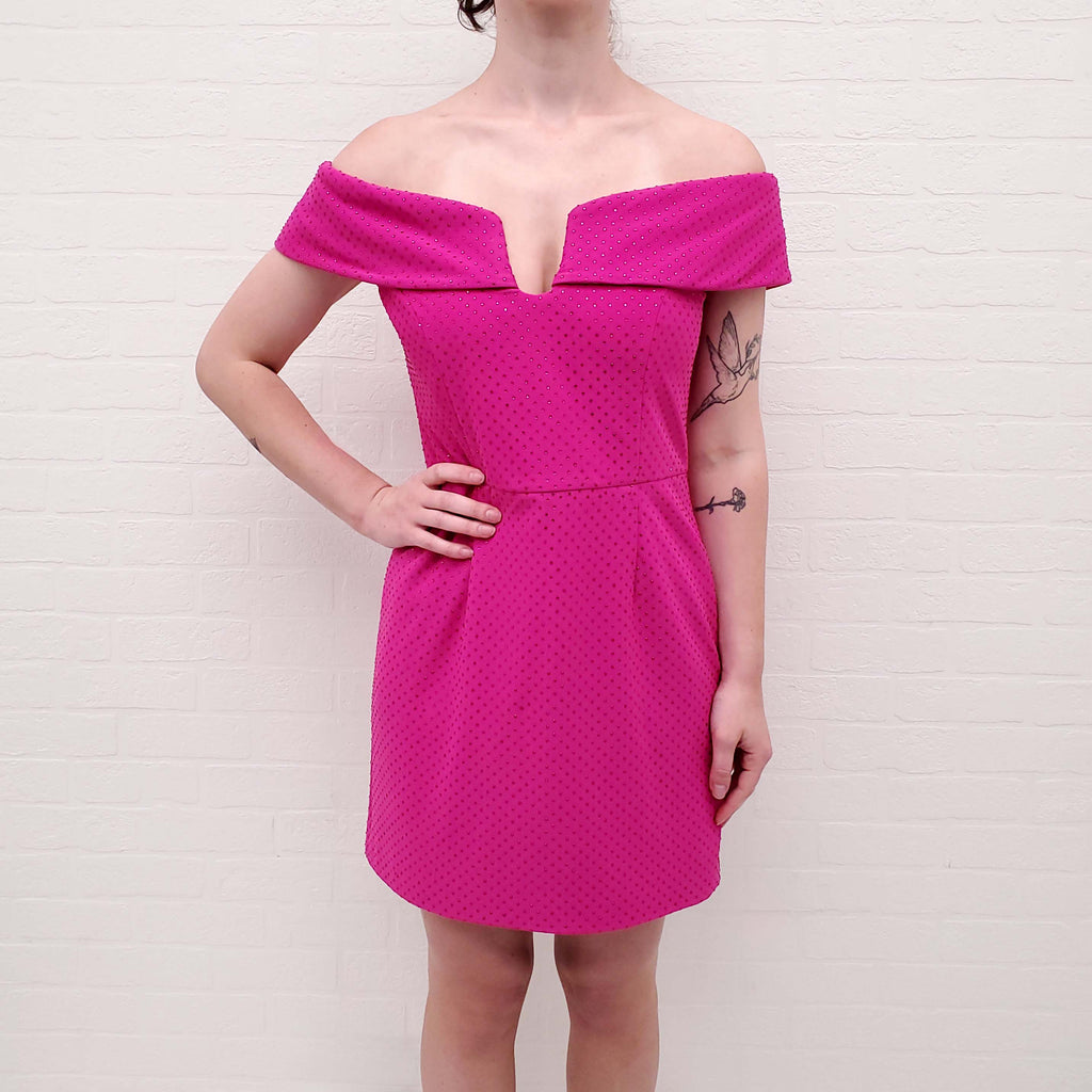 REBECCA VALLANCE HOT PINK RHINESTONE OFF THE SHOULDER MINI DRESS - SIZE 10 AU/6 US