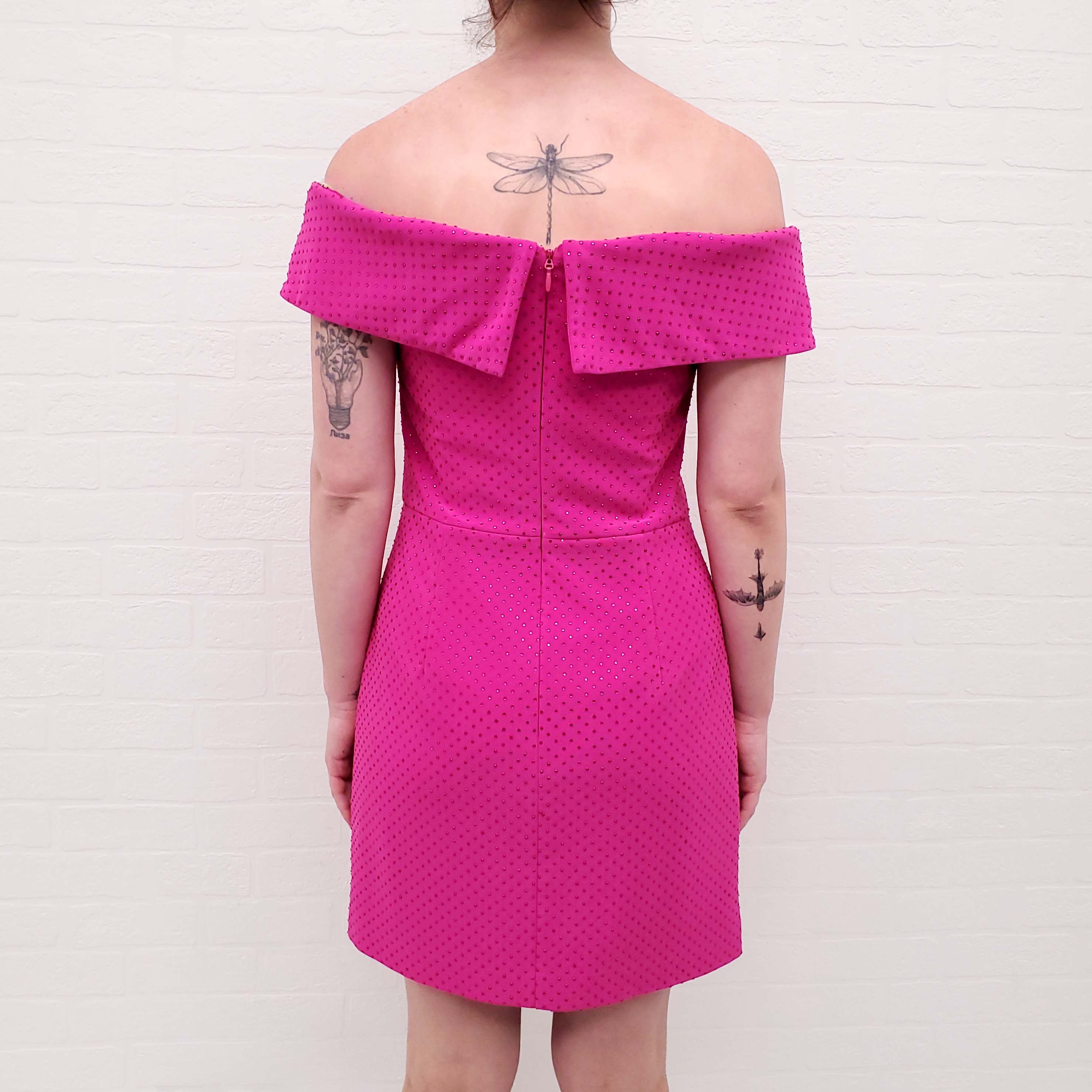 REBECCA VALLANCE HOT PINK RHINESTONE OFF THE SHOULDER MINI DRESS - SIZE 10 AU/6 US