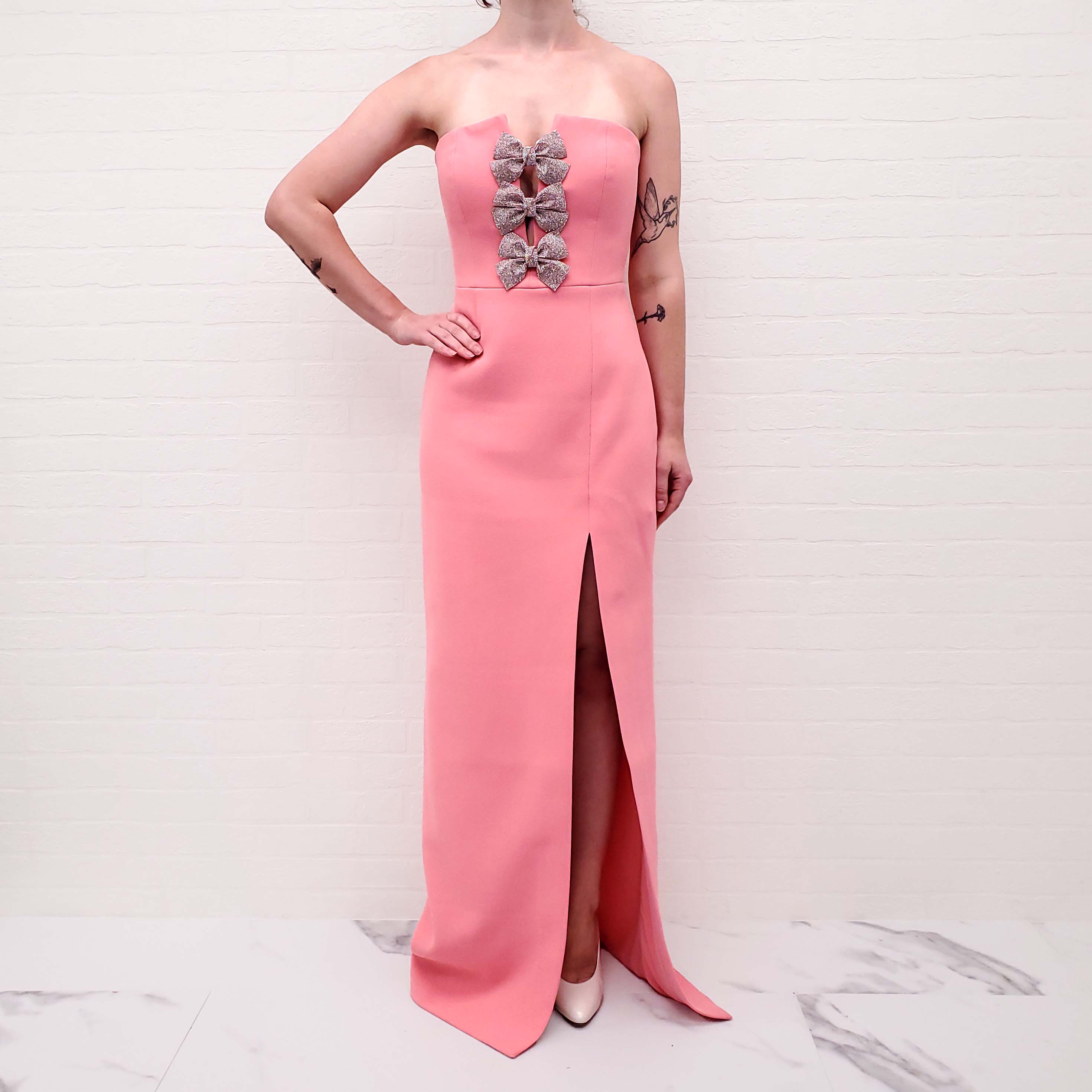 REBECCA VALLANCE PINK GOWN WITH CRYSTAL BOWS - SIZE 8 AU/4 US