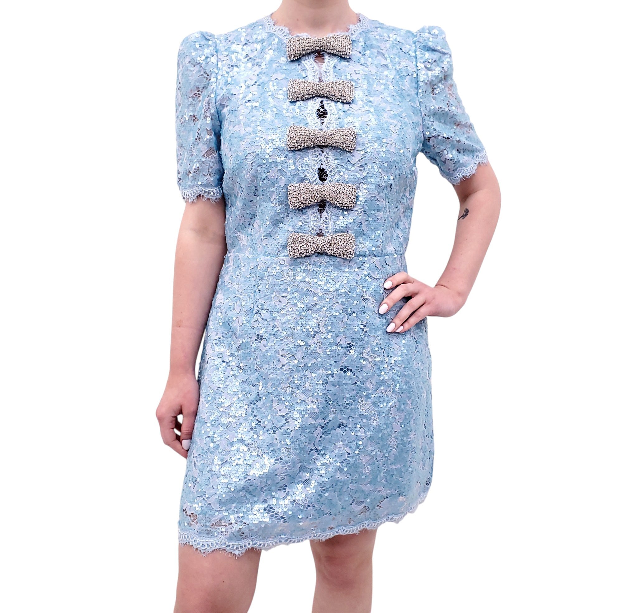 REBECCA VALLANCE x NICKY HILTON BLUE LACE SEQUIN DRESS WITH CRYSTAL BOWS - SIZE US 8