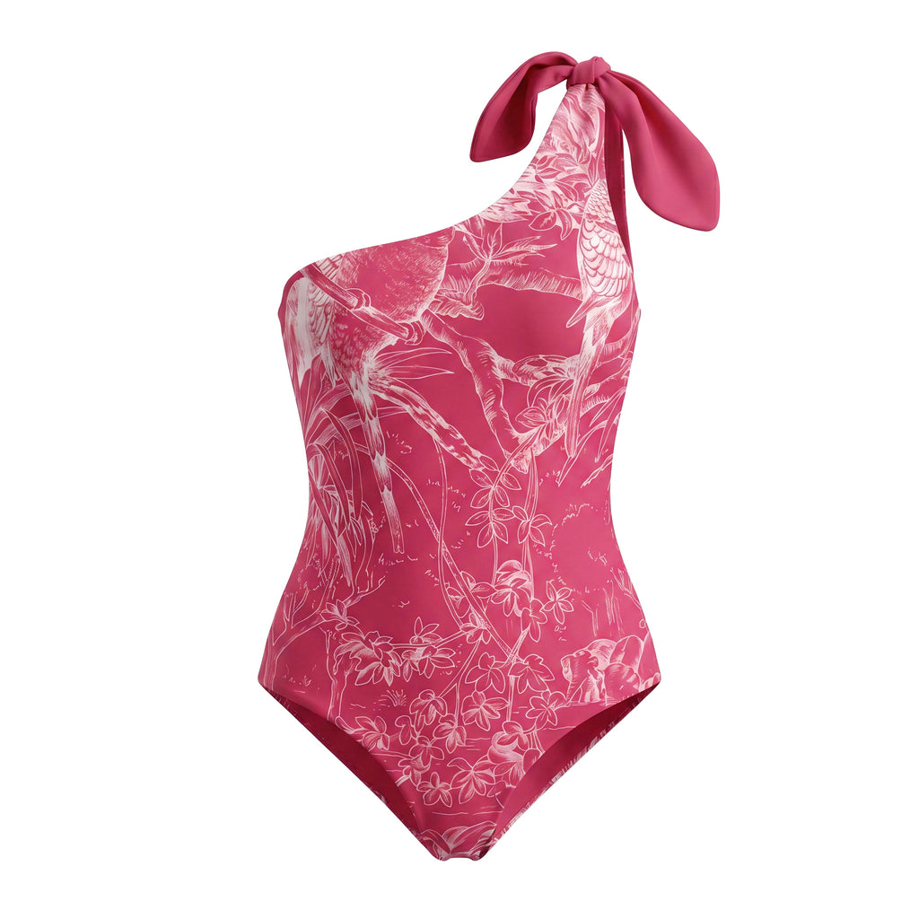 RED VALENTINO PINK PATTERNED ONE SHOULDER ONE-PIECE SWIMSUIT - SIZE S