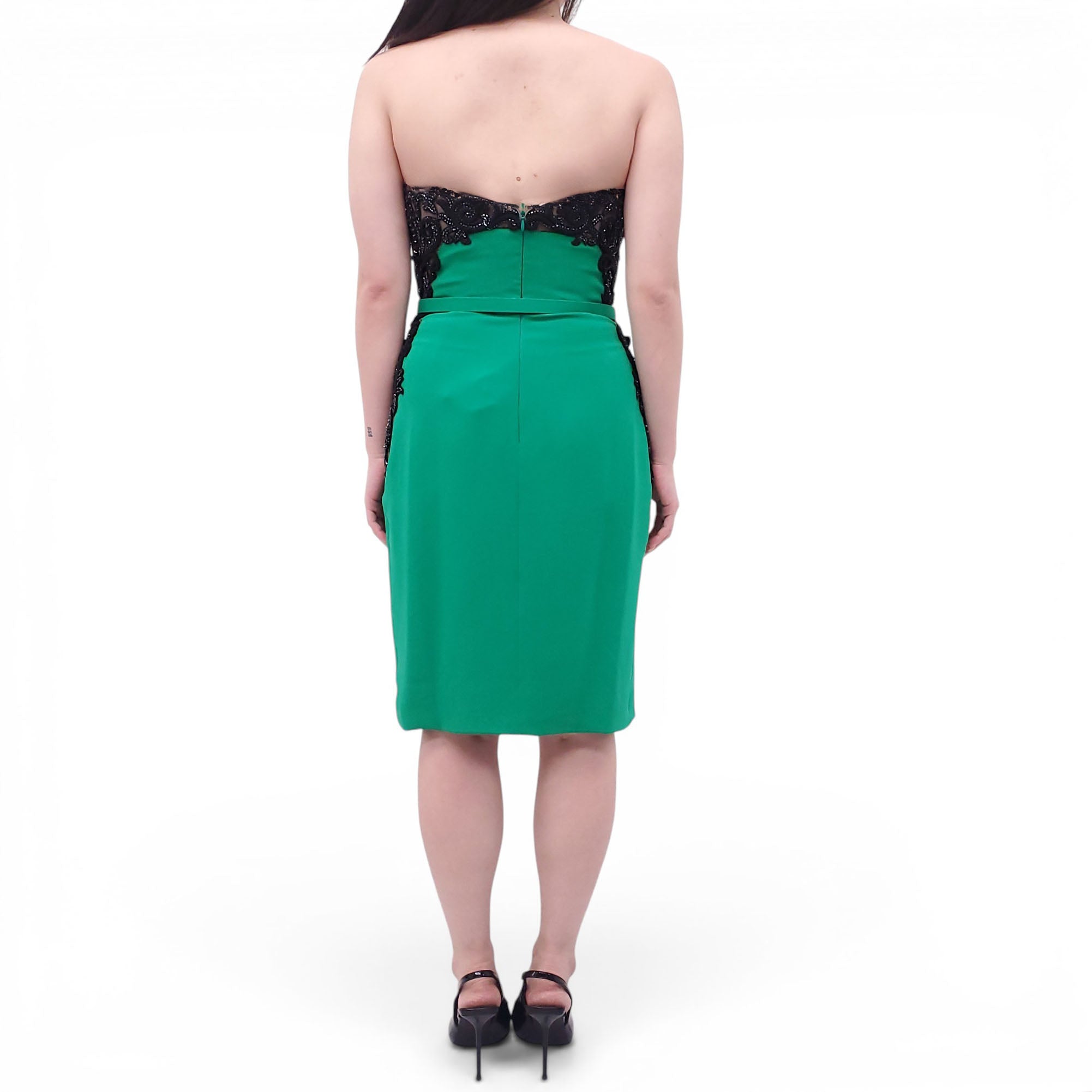 REEM ACRA GREEN DRESS WITH BLACK LACE SEQUIN DETAIL - SIZE 8  Rewind  Couture