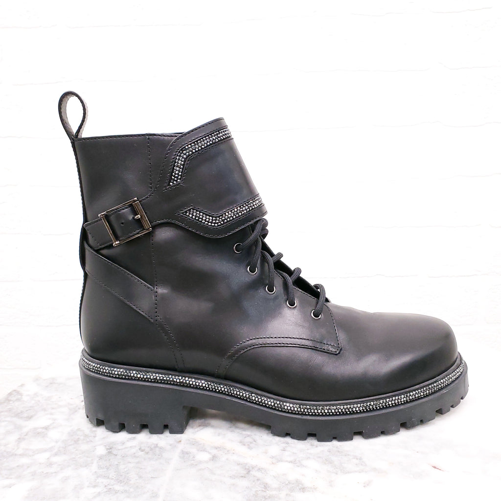 RENE CAOVILLA BLACK LEATHER MOTORCYCLE BOOTS WITH RHINESTONE DETAIL - SIZE 41